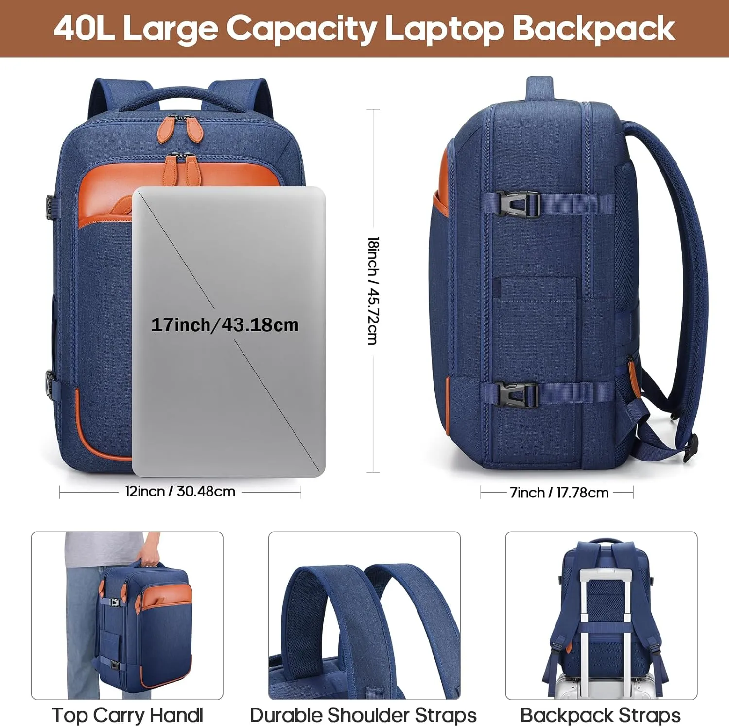 Travel Backpack, 17Inch Laptop Backpack, Carry-on Approved Bag for Men & Women, Waterproof Luggage with Packing Cubes, Shoe Pocket, Personal Item Size for Flights