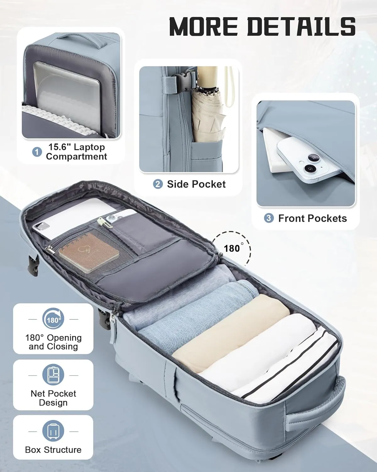 Travel Backpack Carry on Flight Approved Carry on Backpack for Airplanes Personal Item Travel Bag 18x14x8 Inches Traveling Backpack for Men Women Airback Backpack for Travel Mochila de Viaje Grey Blue
