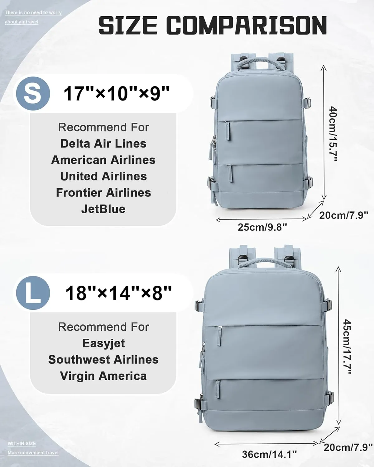 Travel Backpack Carry on Flight Approved Carry on Backpack for Airplanes Personal Item Travel Bag 18x14x8 Inches Traveling Backpack for Men Women Airback Backpack for Travel Mochila de Viaje Grey Blue