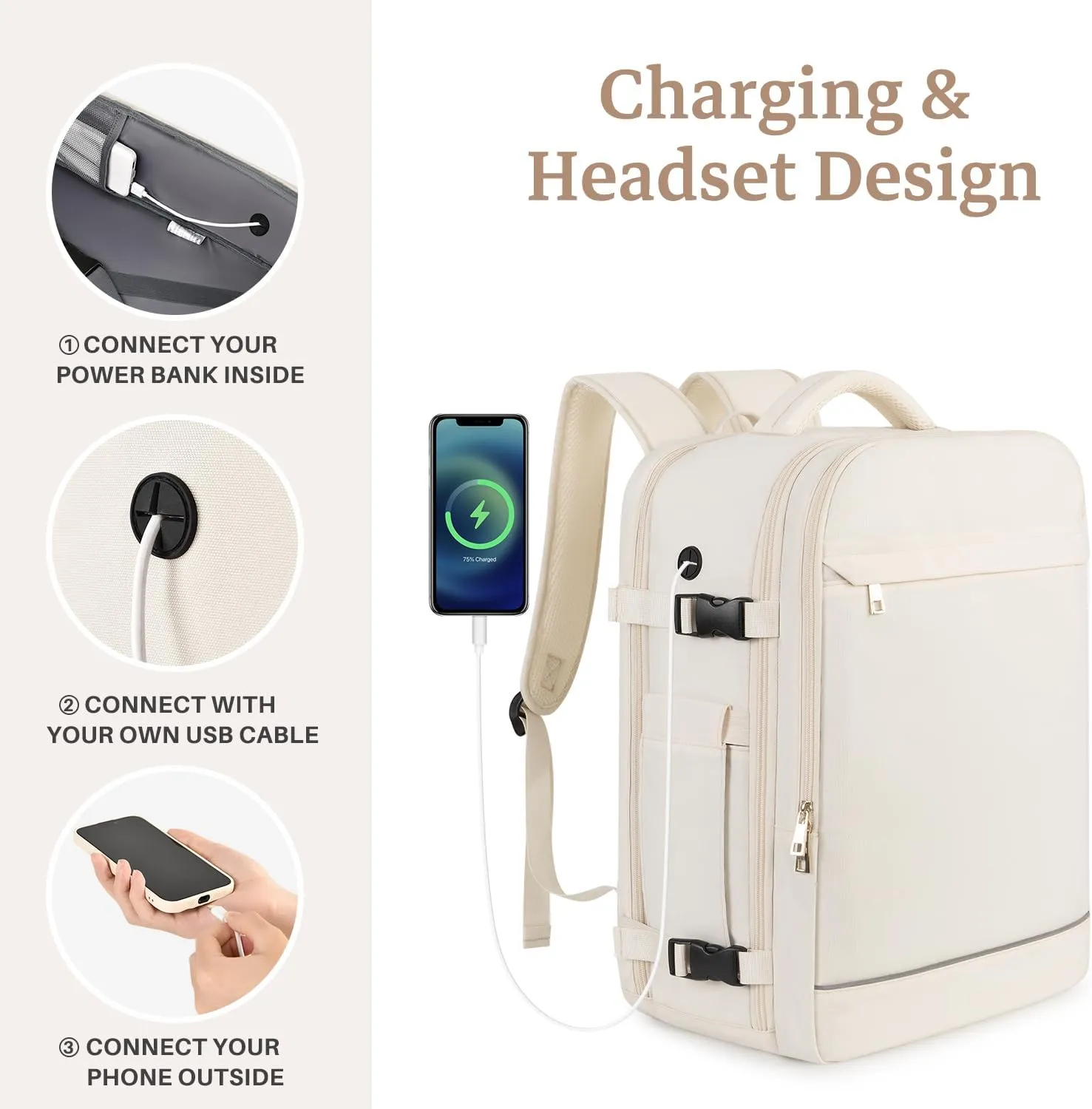 Travel Backpack Carry on Flight Approved for Women Men, personal item backpack, 40L Overnight Travel Bag with 2 Packing Cubes for Weekend College Business Hiking (Beige)