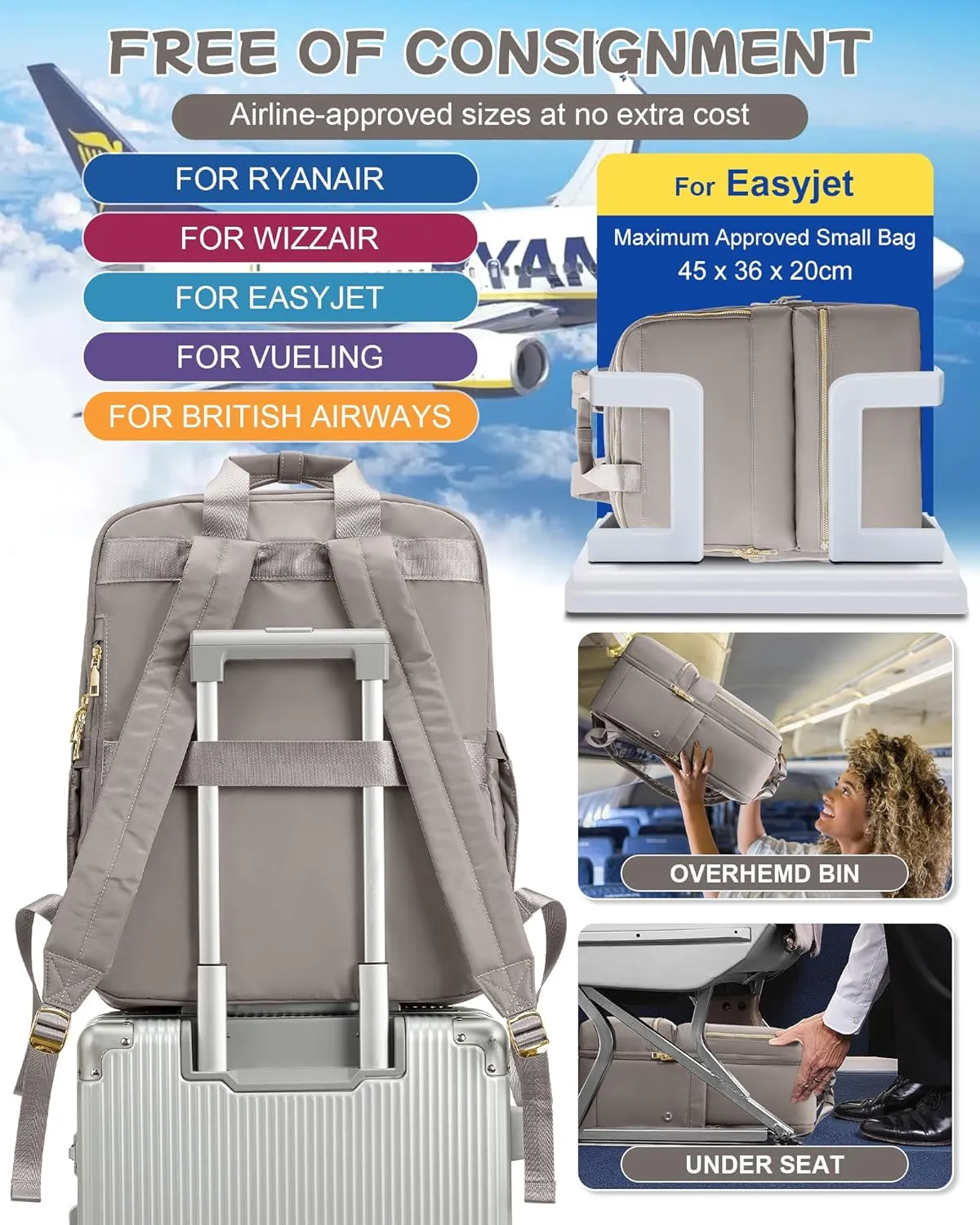 Travel Backpack Carry On Flight Approved Large Travel Backpack For Women Carry On Backpack Personal Item Travel Bag Laptop Teacher Backpack Work Backpack For Traveling On Airplane Khaki