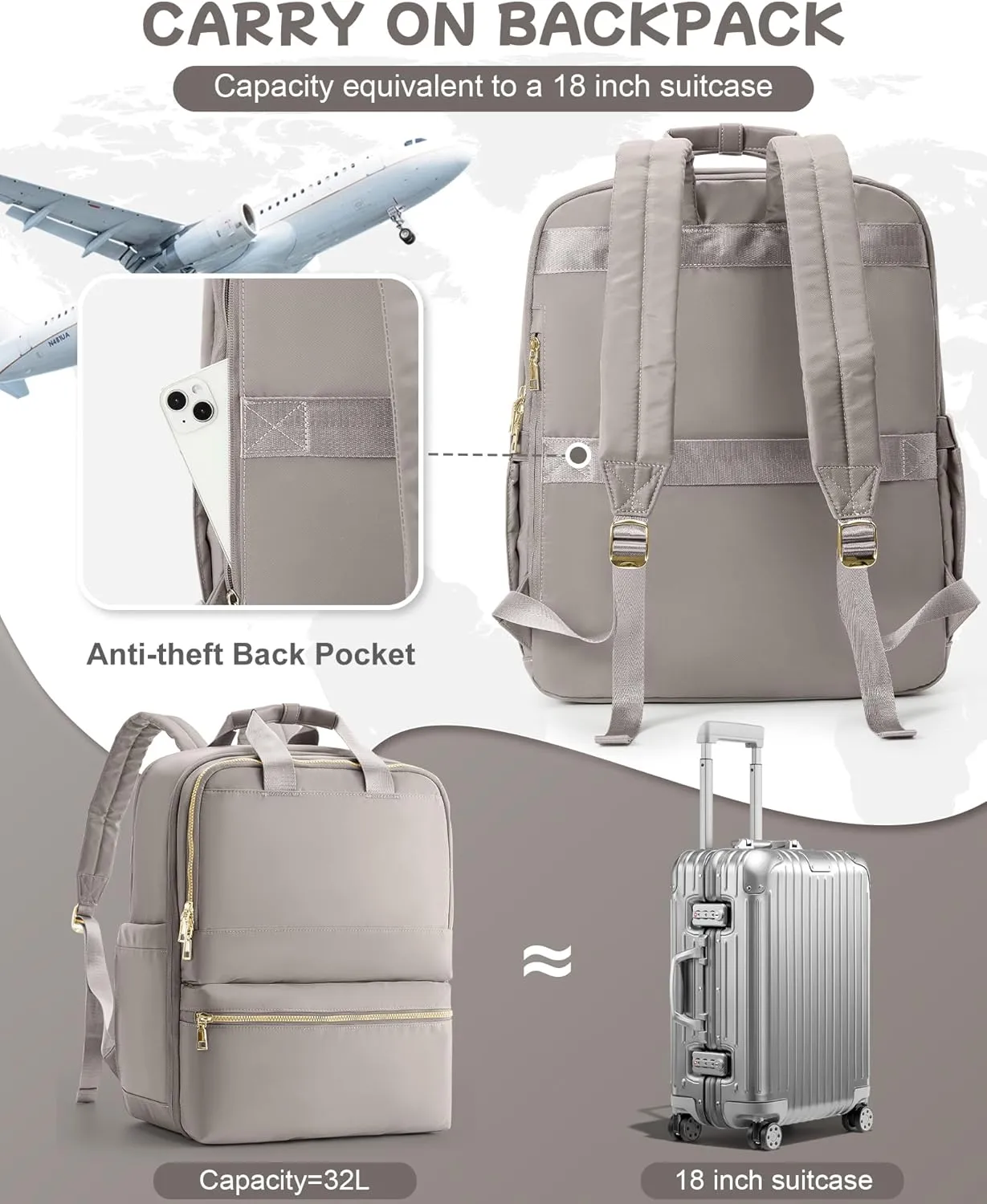 Travel Backpack Carry On Flight Approved Large Travel Backpack For Women Carry On Backpack Personal Item Travel Bag Laptop Teacher Backpack Work Backpack For Traveling On Airplane Khaki