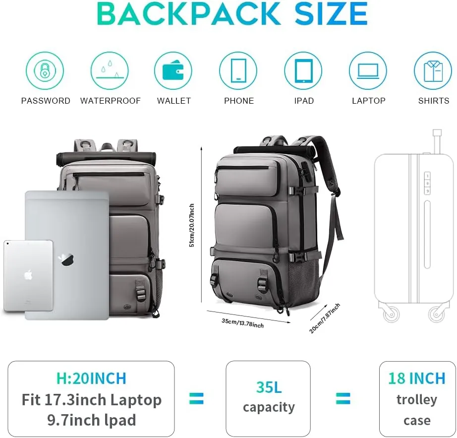 Travel backpack Carry-on Travel Backpack For Women Men Flight Approved Business Weekender Overnight Waterproof Daypack (Grey)