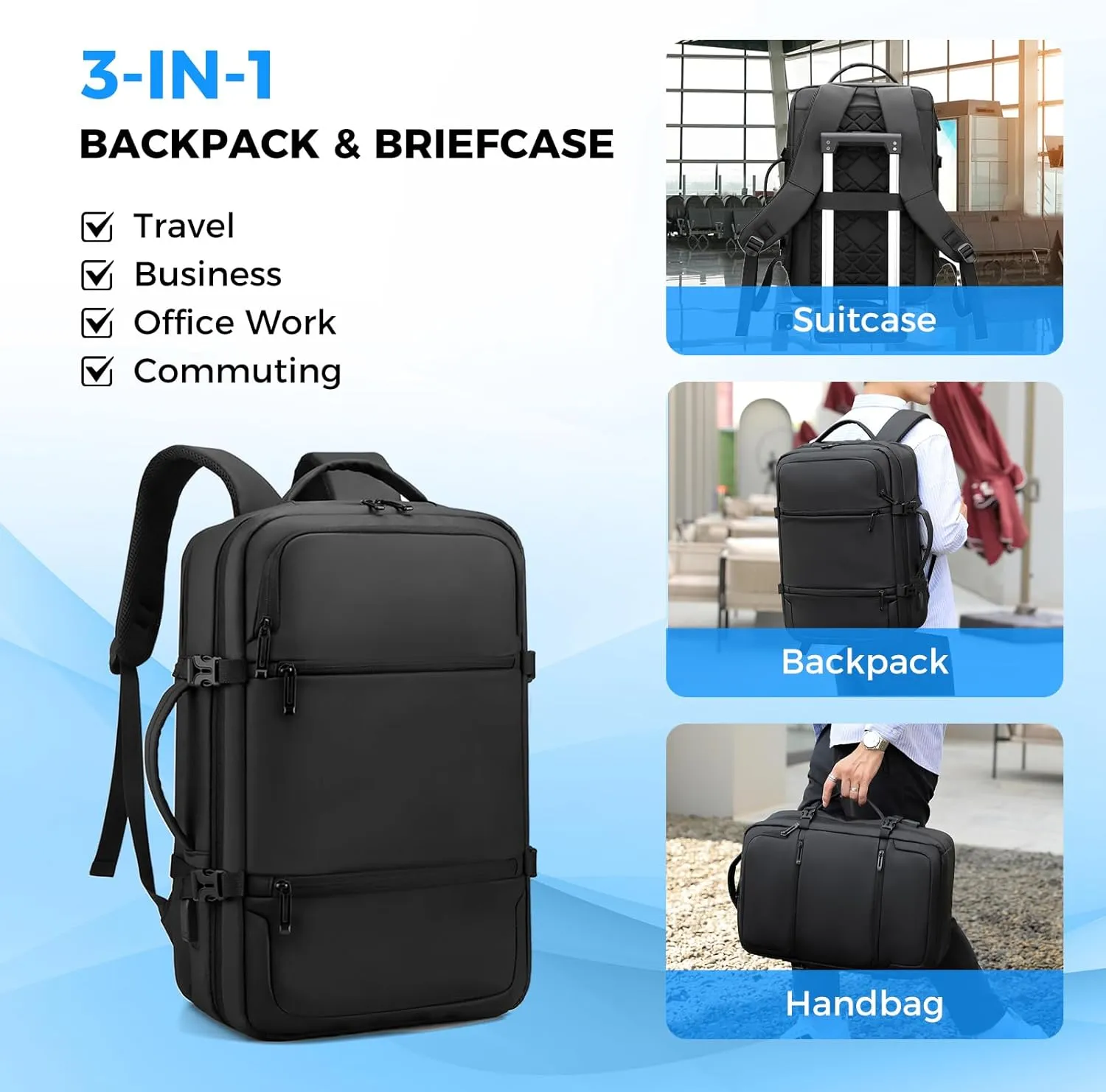 Travel Backpack for Men Women, Carry on Backpack, TSA 17.3 inch Laptop Backpack Flight Approved, Waterproof Personal Item Travel Bag, Business Work Weekender Bag Daypack Luggage - Black