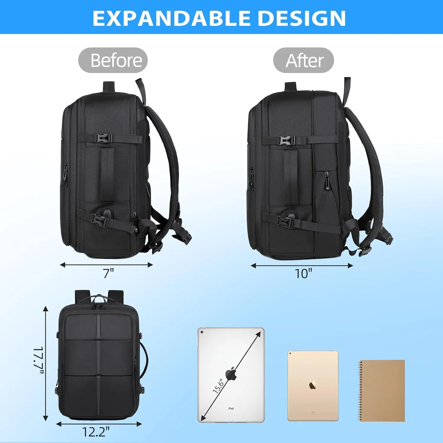 Travel Backpack for Men Women, Carry on Backpack, Waterproof Personal Item Travel Bag, 35L Business Work Weekender Bag Suitcase Luggage, TSA Laptop Backpack Flight Approved, Black(Expandable)