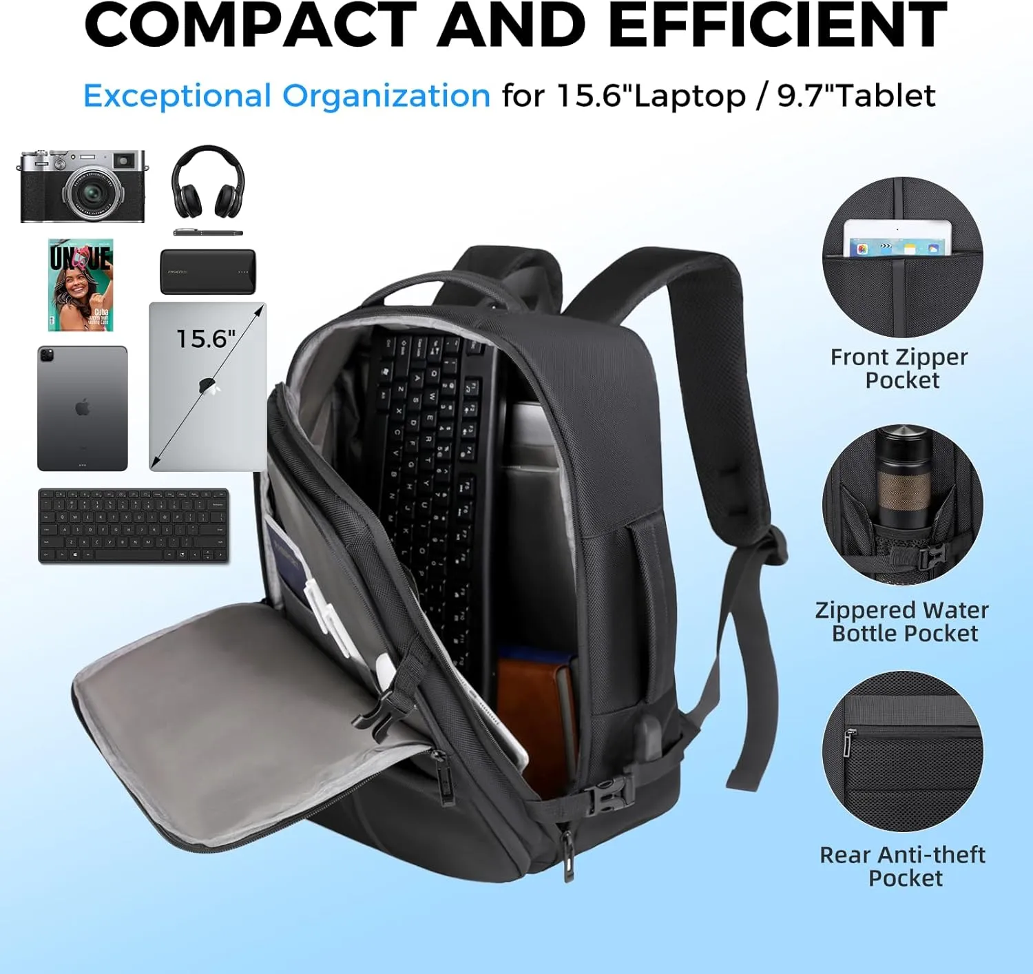 Travel Backpack for Men Women, Carry on Backpack, Waterproof Personal Item Travel Bag, 35L Business Work Weekender Bag Suitcase Luggage, TSA Laptop Backpack Flight Approved, Black(Expandable)