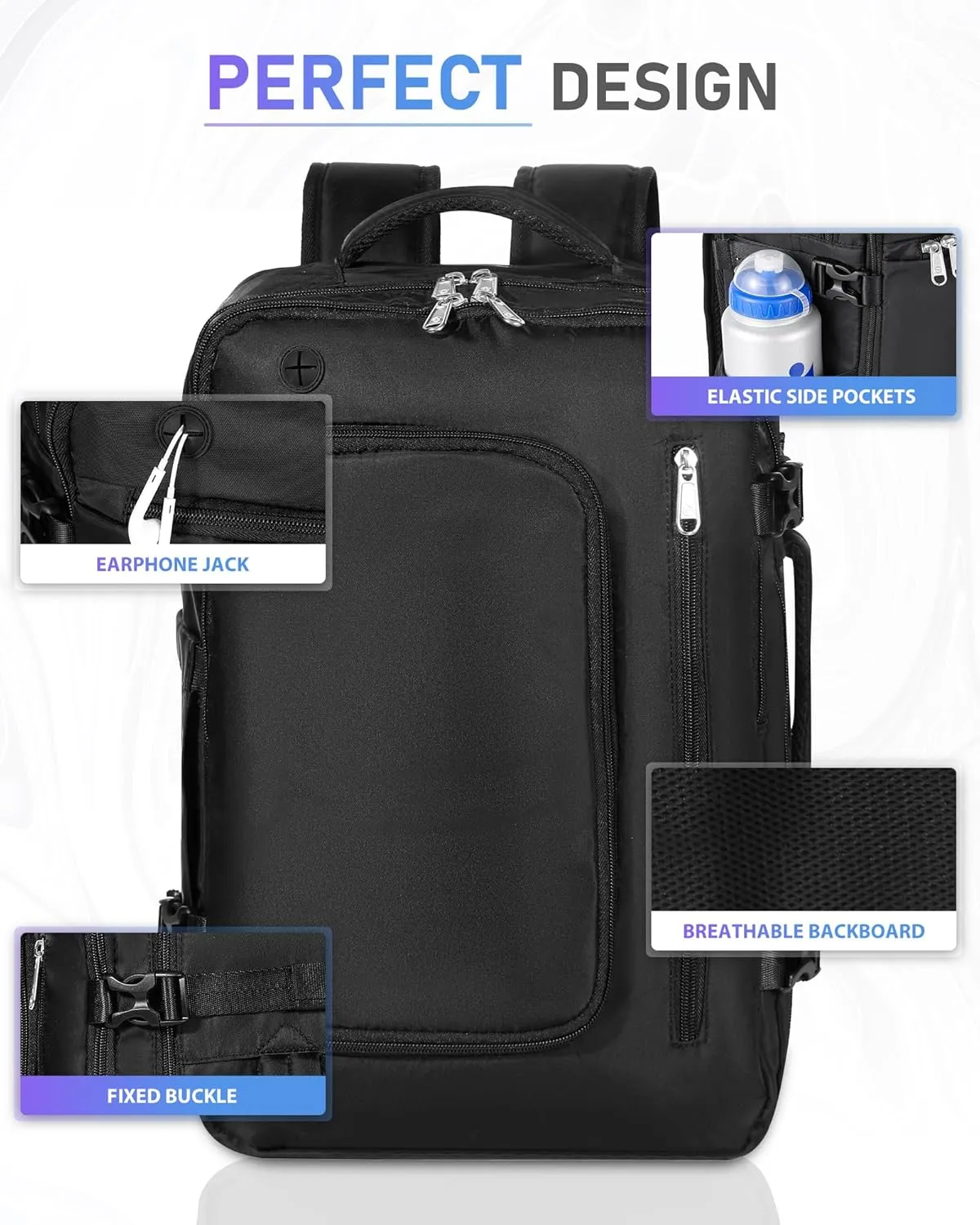 Travel Backpack for Women and Men, Carry On Backpack Flight Approved Underseat Personal Item Luggage, Lightweight Daypack Weekender Bag with 17 inch Laptop Compartment, Black