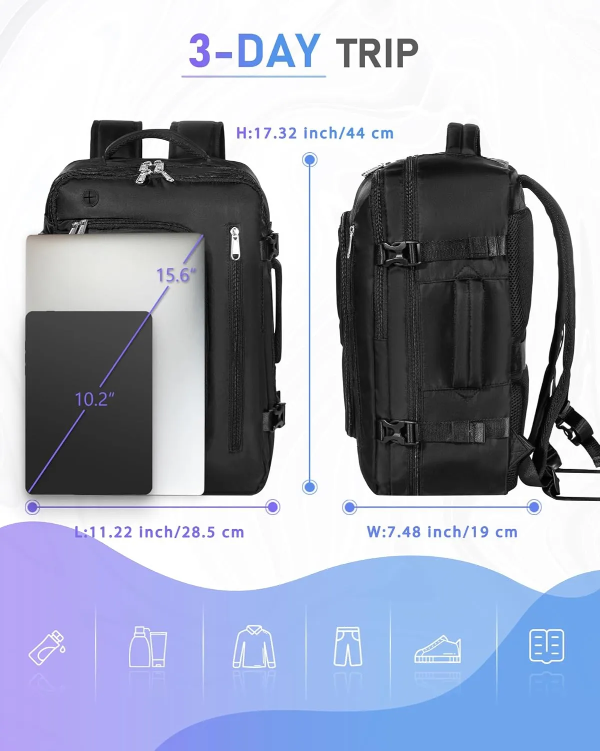 Travel Backpack for Women and Men, Carry On Backpack Flight Approved Underseat Personal Item Luggage, Lightweight Daypack Weekender Bag with 17 inch Laptop Compartment, Black