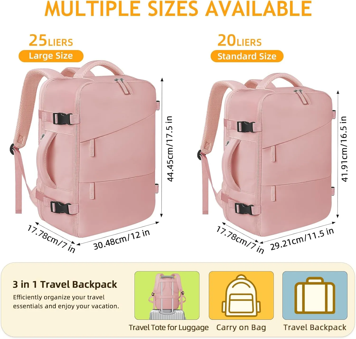 Travel Backpack for Women Men, Carry On Backpack Airlines Approved Personal Item Travel Computer Bag Waterproof Laptop Backpack Business Weekender Overnight Fits15.6Inch Laptop, Pink