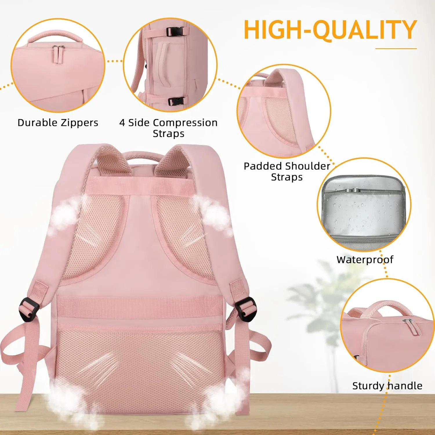 Travel Backpack for Women Men, Carry On Backpack Airlines Approved Personal Item Travel Computer Bag Waterproof Laptop Backpack Business Weekender Overnight Fits15.6Inch Laptop, Pink