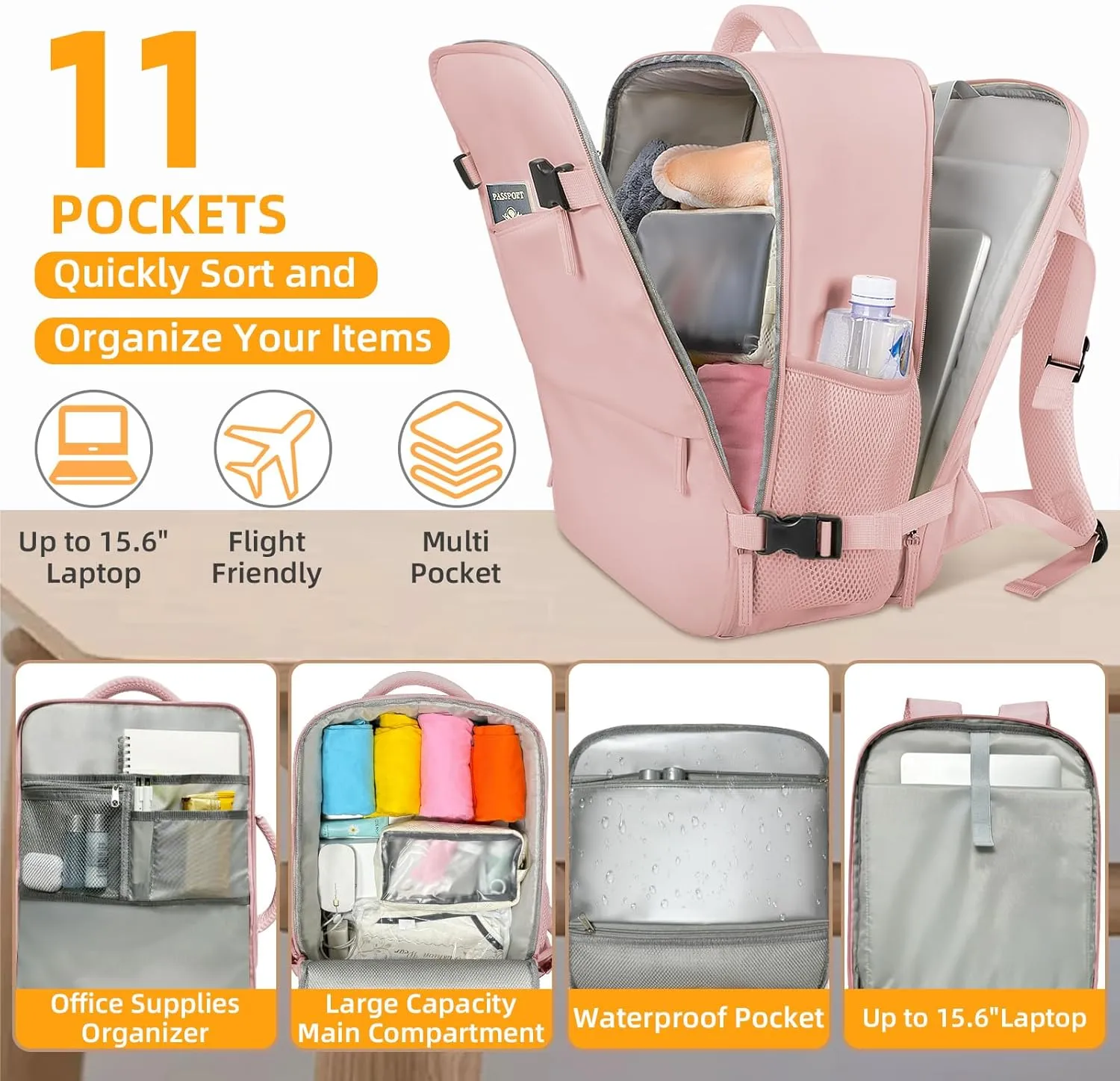 Travel Backpack for Women Men, Carry On Backpack Airlines Approved Personal Item Travel Computer Bag Waterproof Laptop Backpack Business Weekender Overnight Fits15.6Inch Laptop, Pink