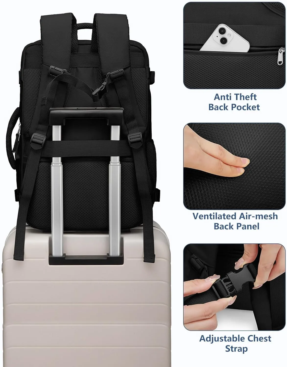 Travel Backpack for Women Men, Flight Approved Carry On Backpack with Shoe Pouch, TSA Personal Item Travel Bag Large Luggage Backpack Fits 17 Inch Laptop for Weekender Overnight, Black