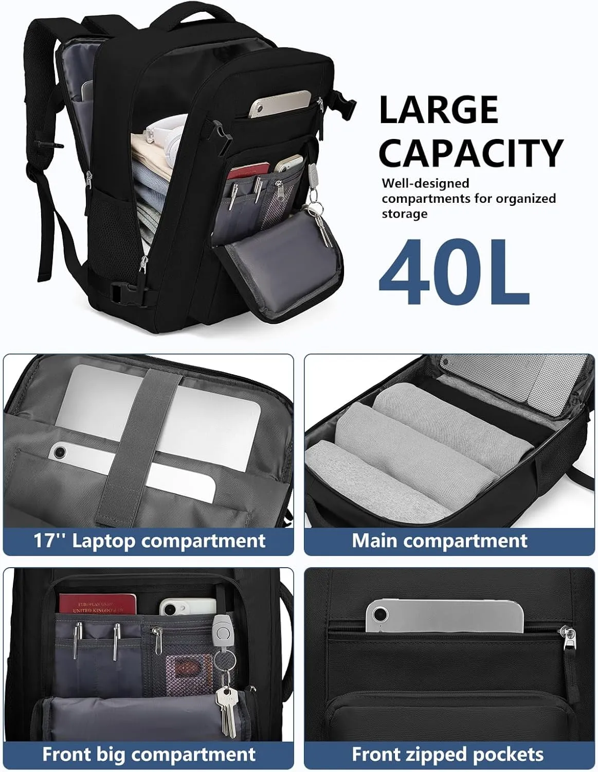 Travel Backpack for Women Men, Flight Approved Carry On Backpack with Shoe Pouch, TSA Personal Item Travel Bag Large Luggage Backpack Fits 17 Inch Laptop for Weekender Overnight, Black
