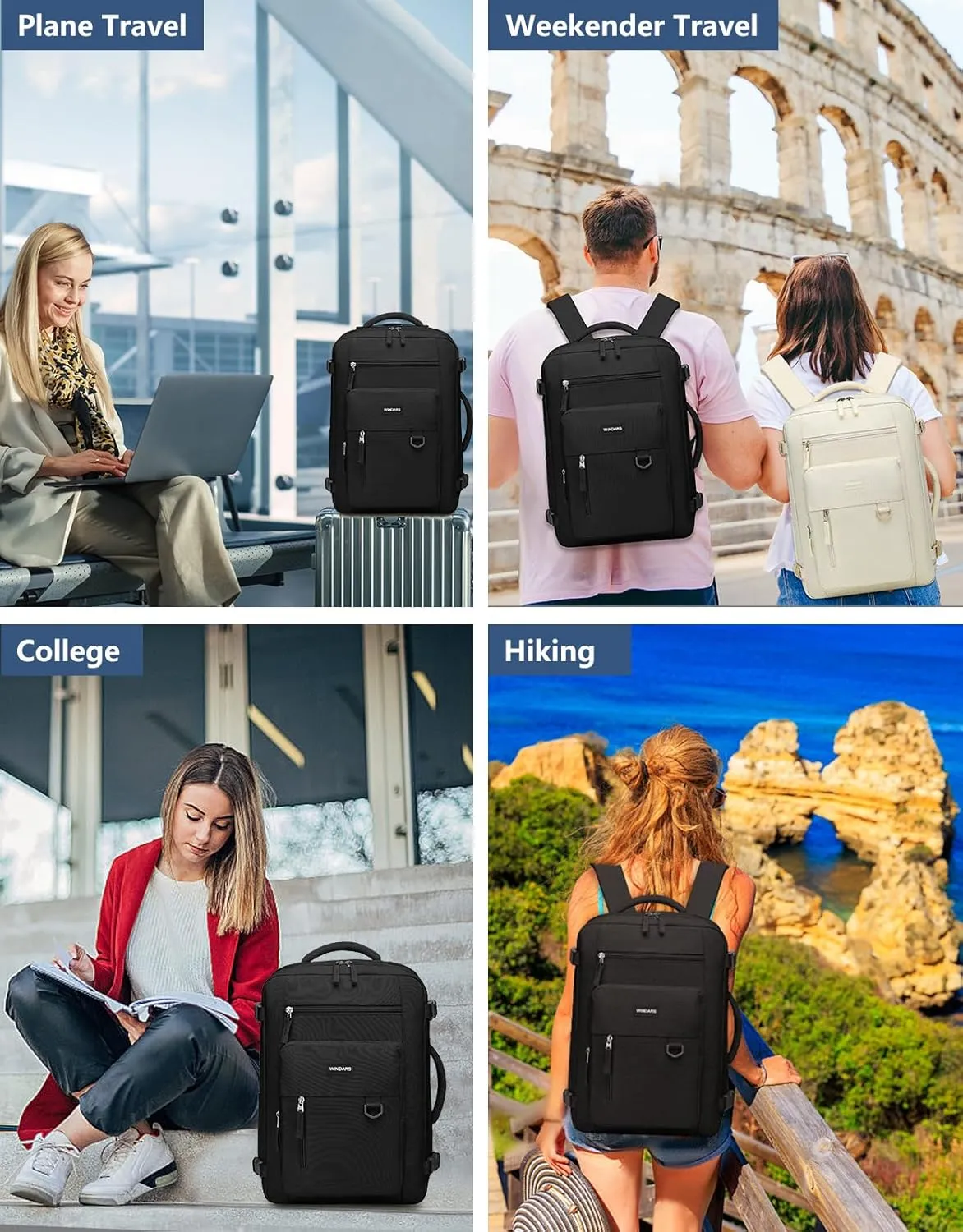 Travel Backpack for Women Men, Flight Approved Carry On Backpack with Shoe Pouch, TSA Personal Item Travel Bag Large Luggage Backpack Fits 17 Inch Laptop for Weekender Overnight, Black