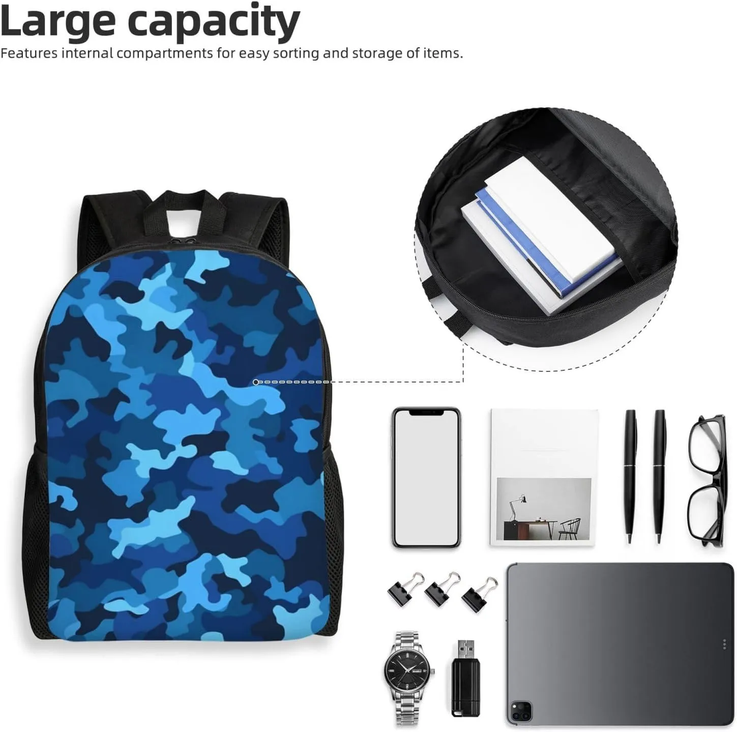 Travel Backpack for Women Men Lightweight 17 inch Laptop Bag Blue Camo Backpack Casual Daypack