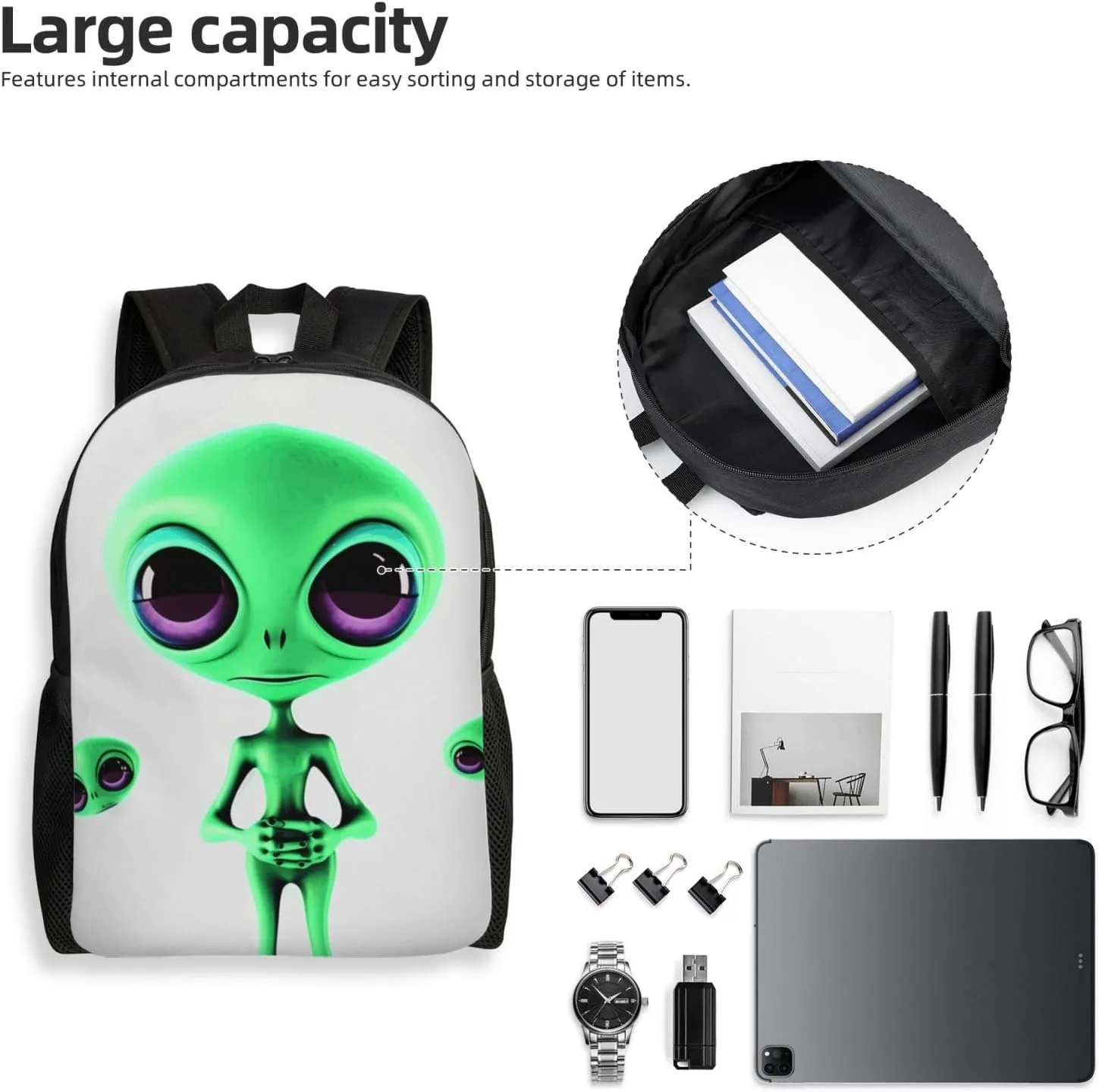 Travel Backpack for Women Men Lightweight 17 inch Laptop Bag Green alien Backpack Casual Daypack
