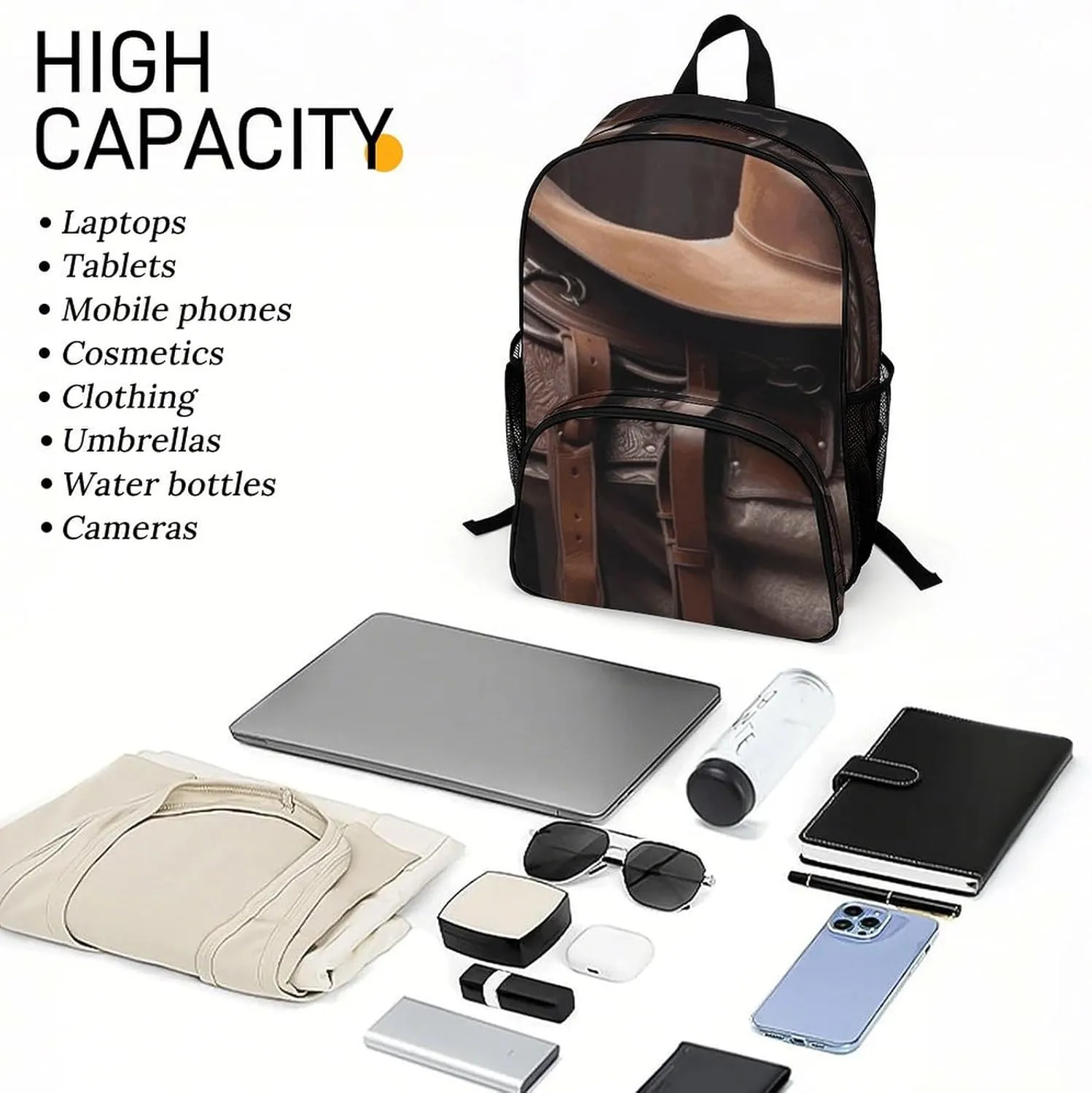 Travel Backpack for Women Men Lightweight 17 Inch Laptop Bag Horse Saddle with A Cowboy Hat Wild Backpack Casual Daypack
