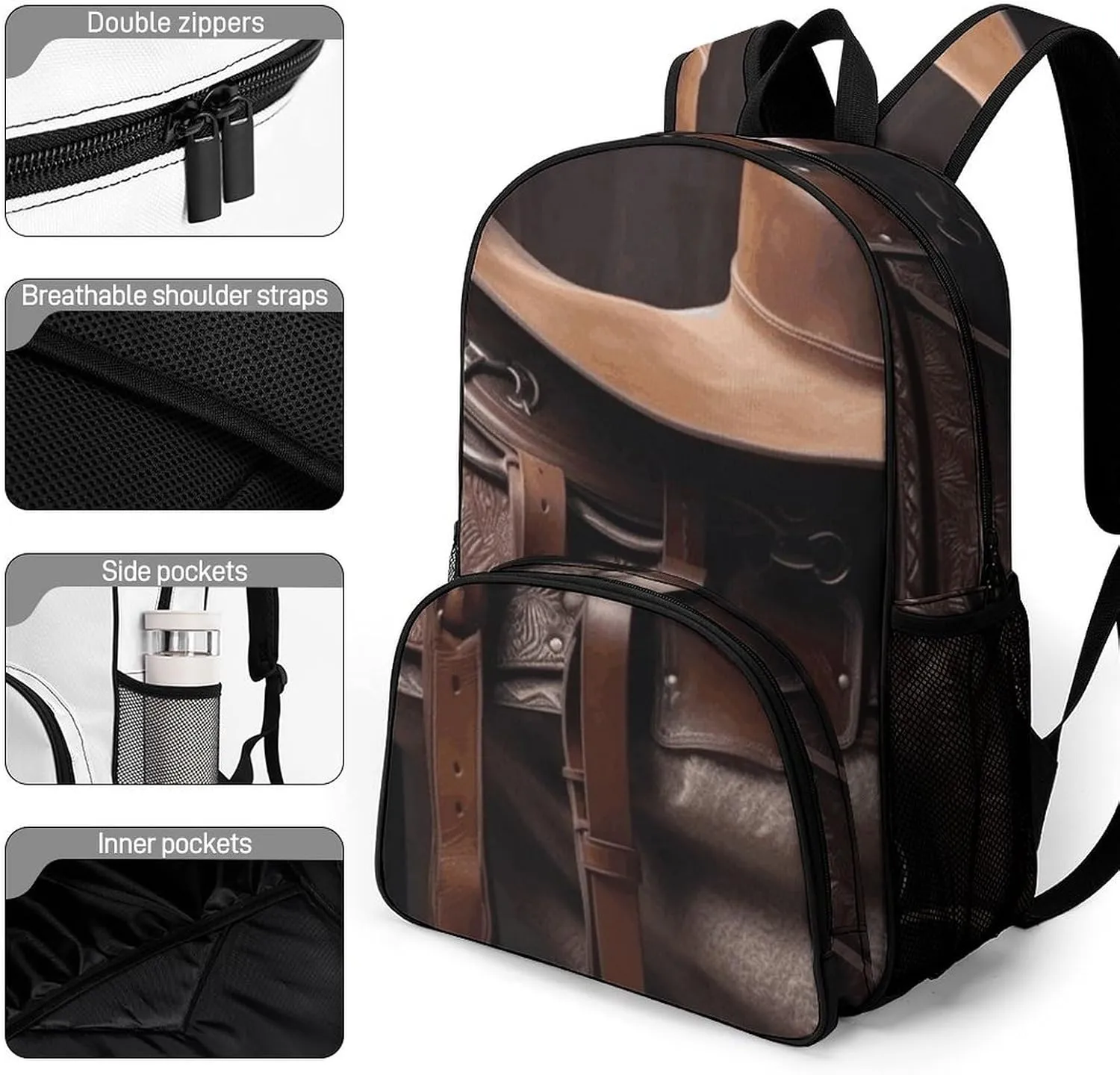 Travel Backpack for Women Men Lightweight 17 Inch Laptop Bag Horse Saddle with A Cowboy Hat Wild Backpack Casual Daypack