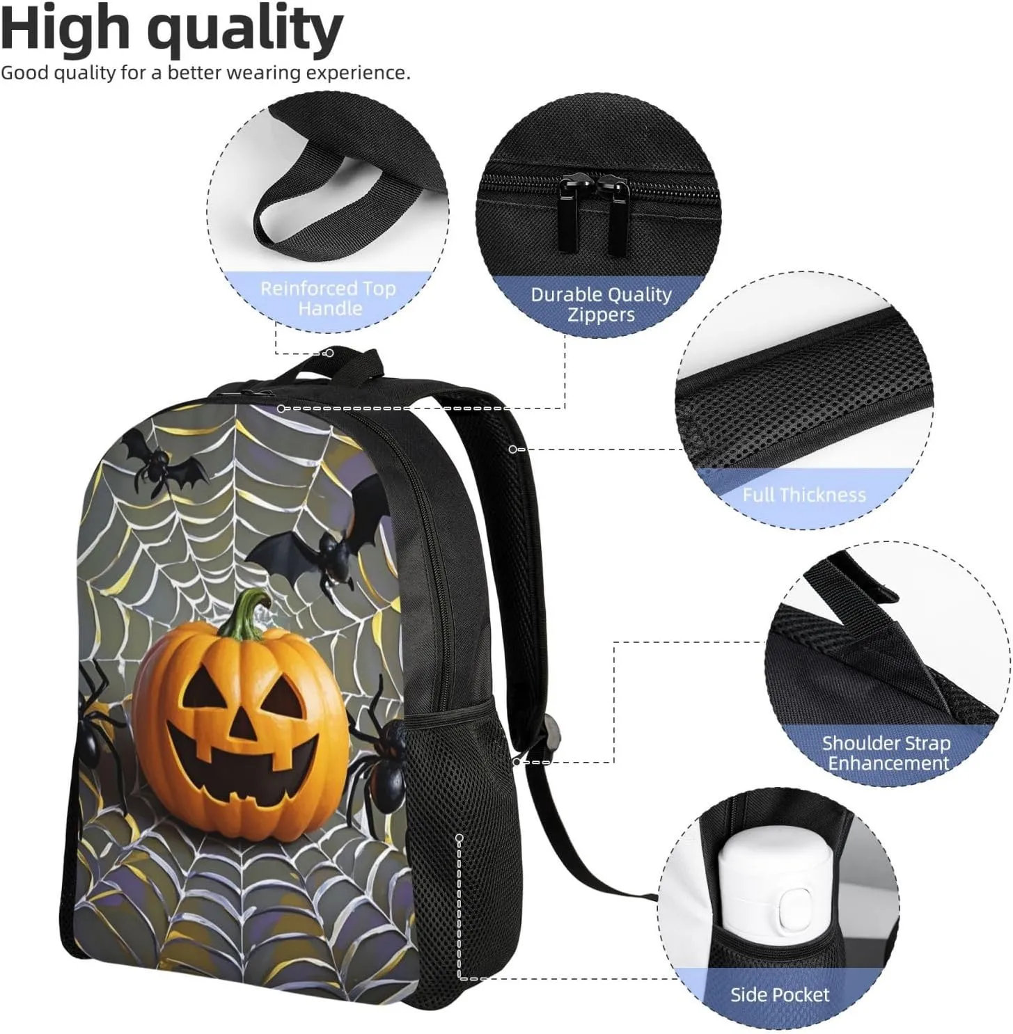 Travel Backpack for Women Men Lightweight 17 inch Laptop Bag Pumpkin Black Spider Web Bat Backpack Casual Daypack