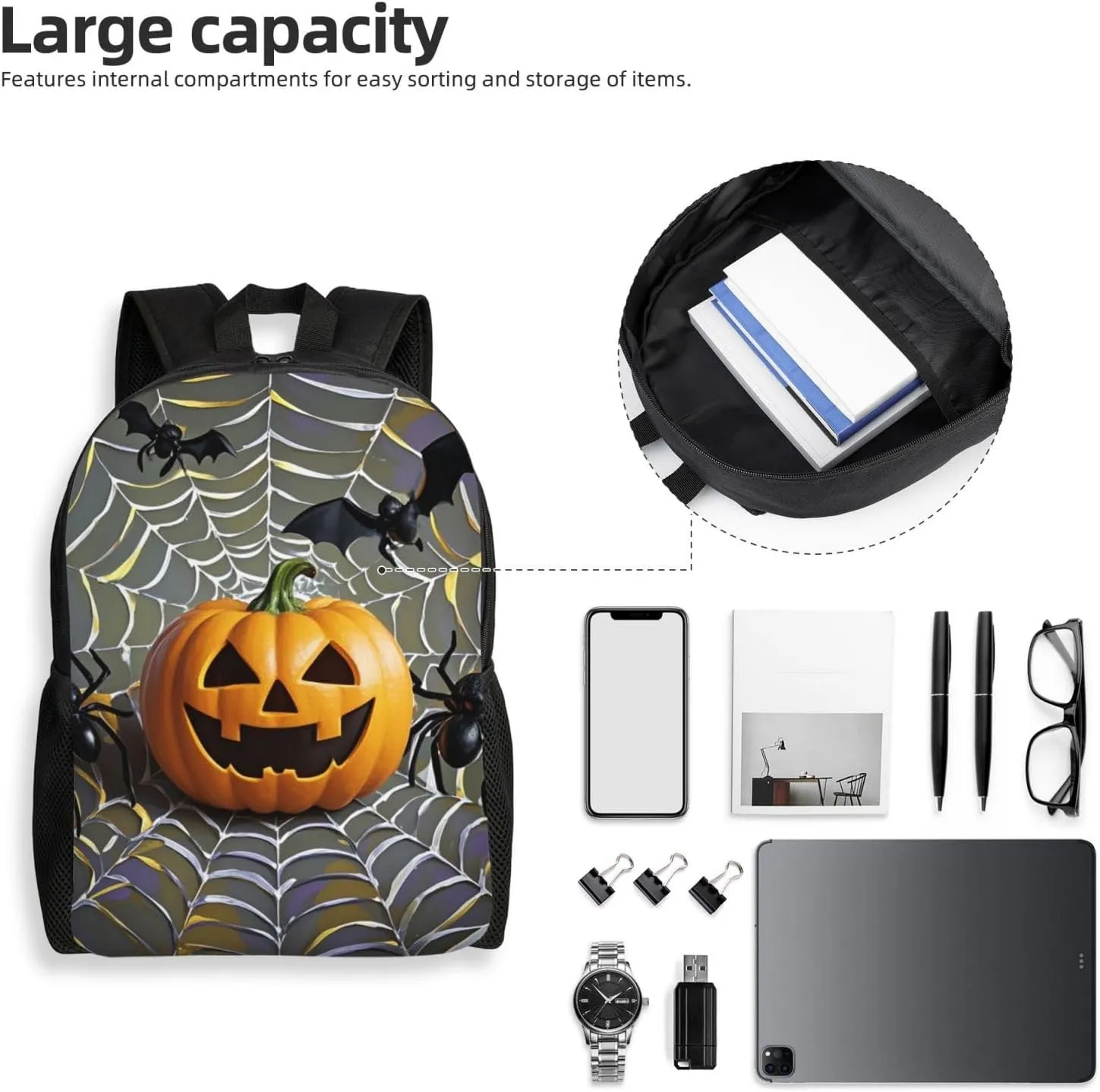 Travel Backpack for Women Men Lightweight 17 inch Laptop Bag Pumpkin Black Spider Web Bat Backpack Casual Daypack