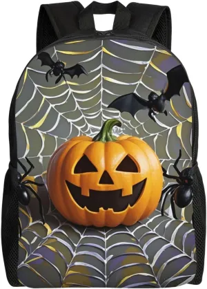 Travel Backpack for Women Men Lightweight 17 inch Laptop Bag Pumpkin Black Spider Web Bat Backpack Casual Daypack
