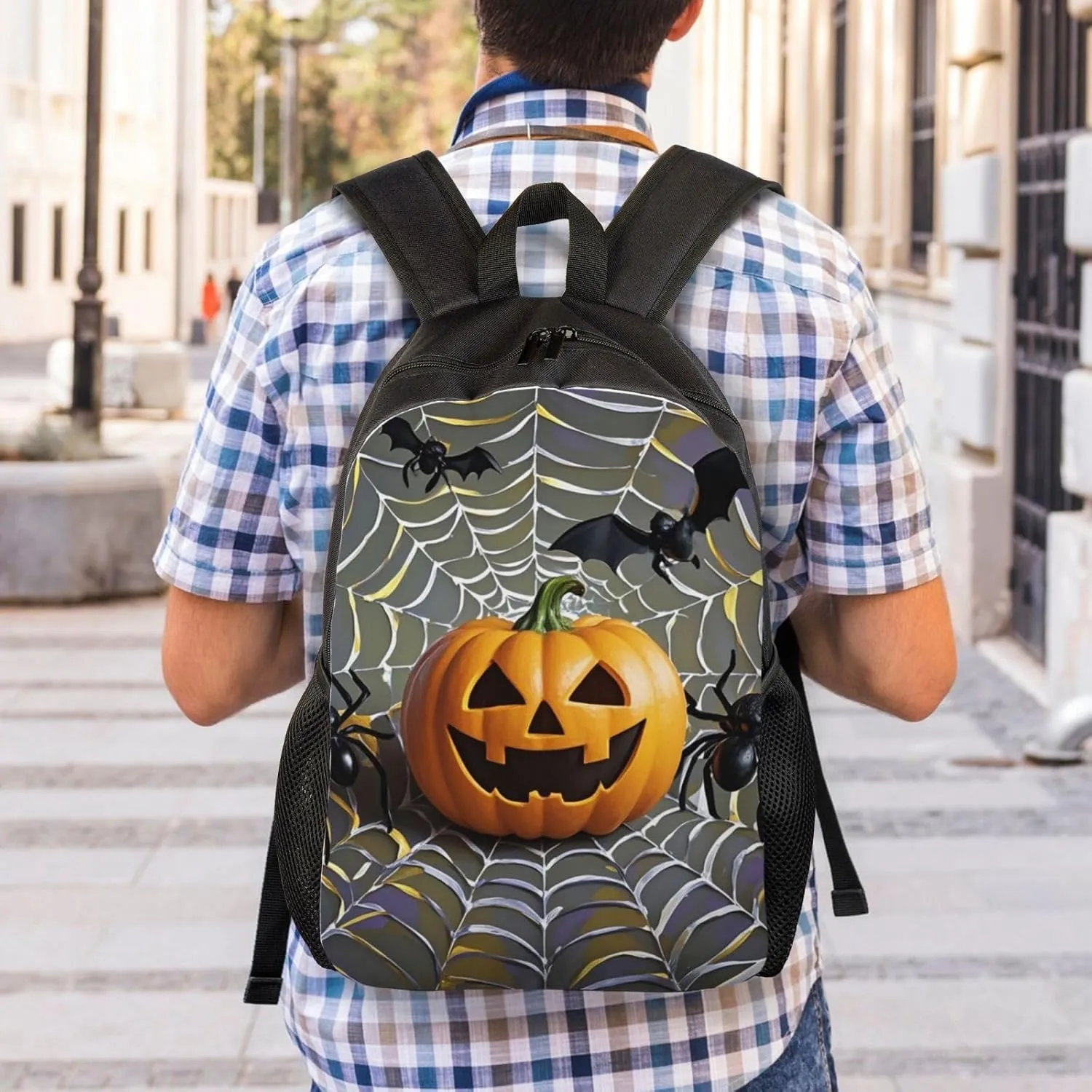 Travel Backpack for Women Men Lightweight 17 inch Laptop Bag Pumpkin Black Spider Web Bat Backpack Casual Daypack