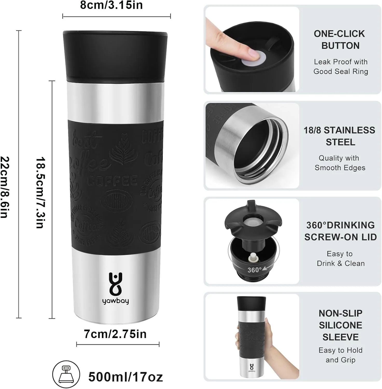 Travel Coffee Mug Spill Proof,17 Oz Travel Mug with 360°Drinking Lid,Double Wall Vacuum Insulated Coffee Travel Mug Stainless Steel Tumbler Thermal Coffee Thermos Mugs for Hot and Cold Drinks(Black)