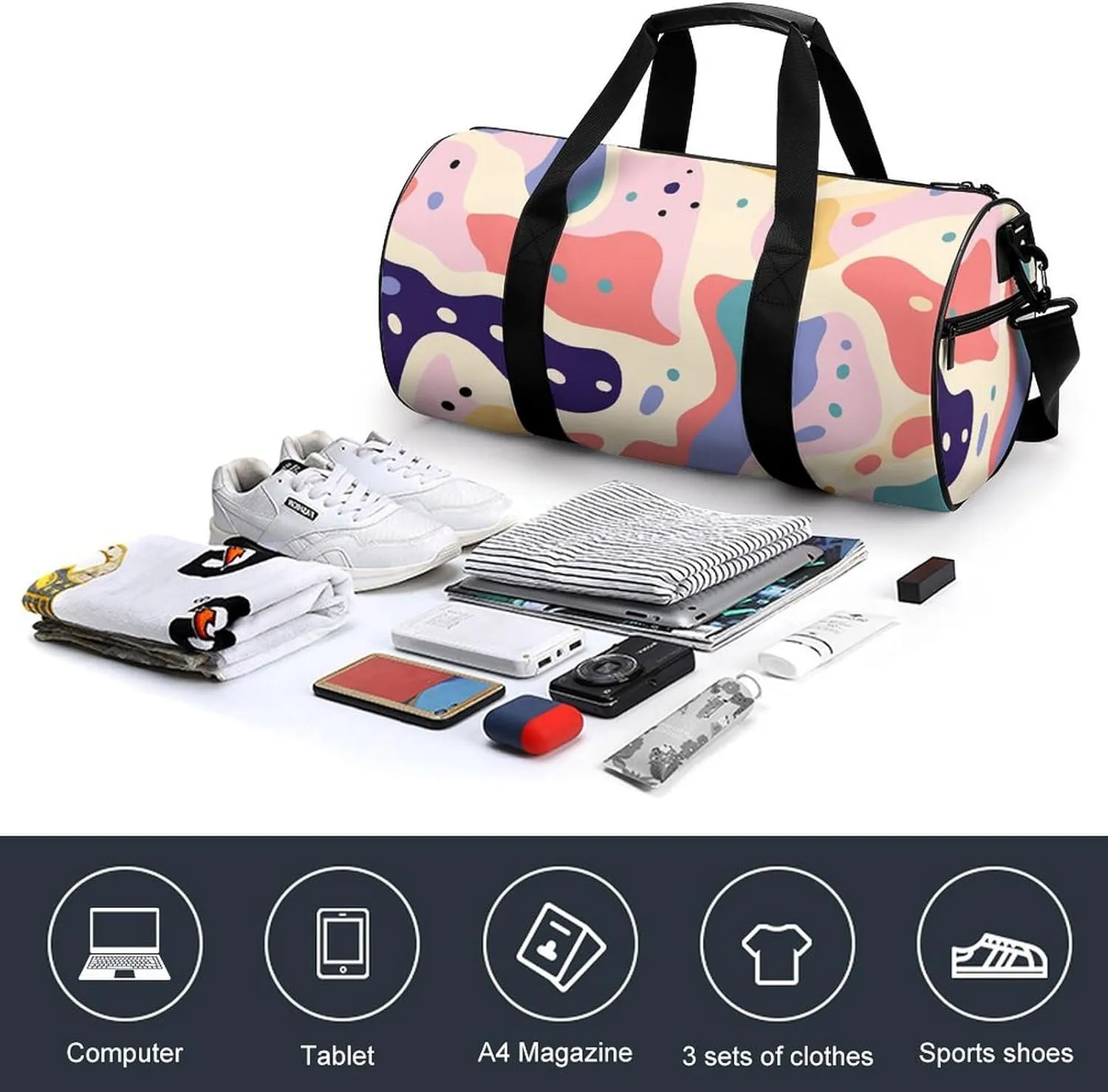 Travel Duffel Bag for Men And Women,Colorful Shape Pattern Waterproof Sports Fitness Bag Portable Travel Duffel Bag