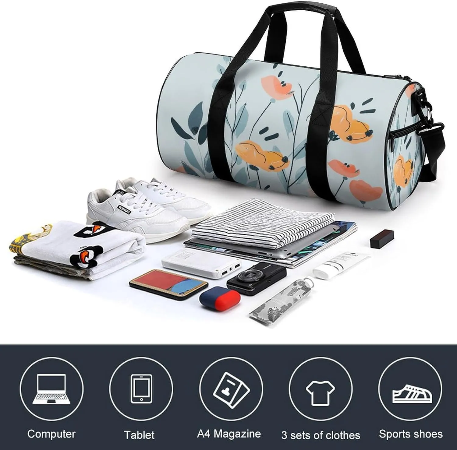 Travel Duffel Bag for Men And Women,Doodle Flowers And Leaves Waterproof Sports Fitness Bag Portable Travel Duffel Bag