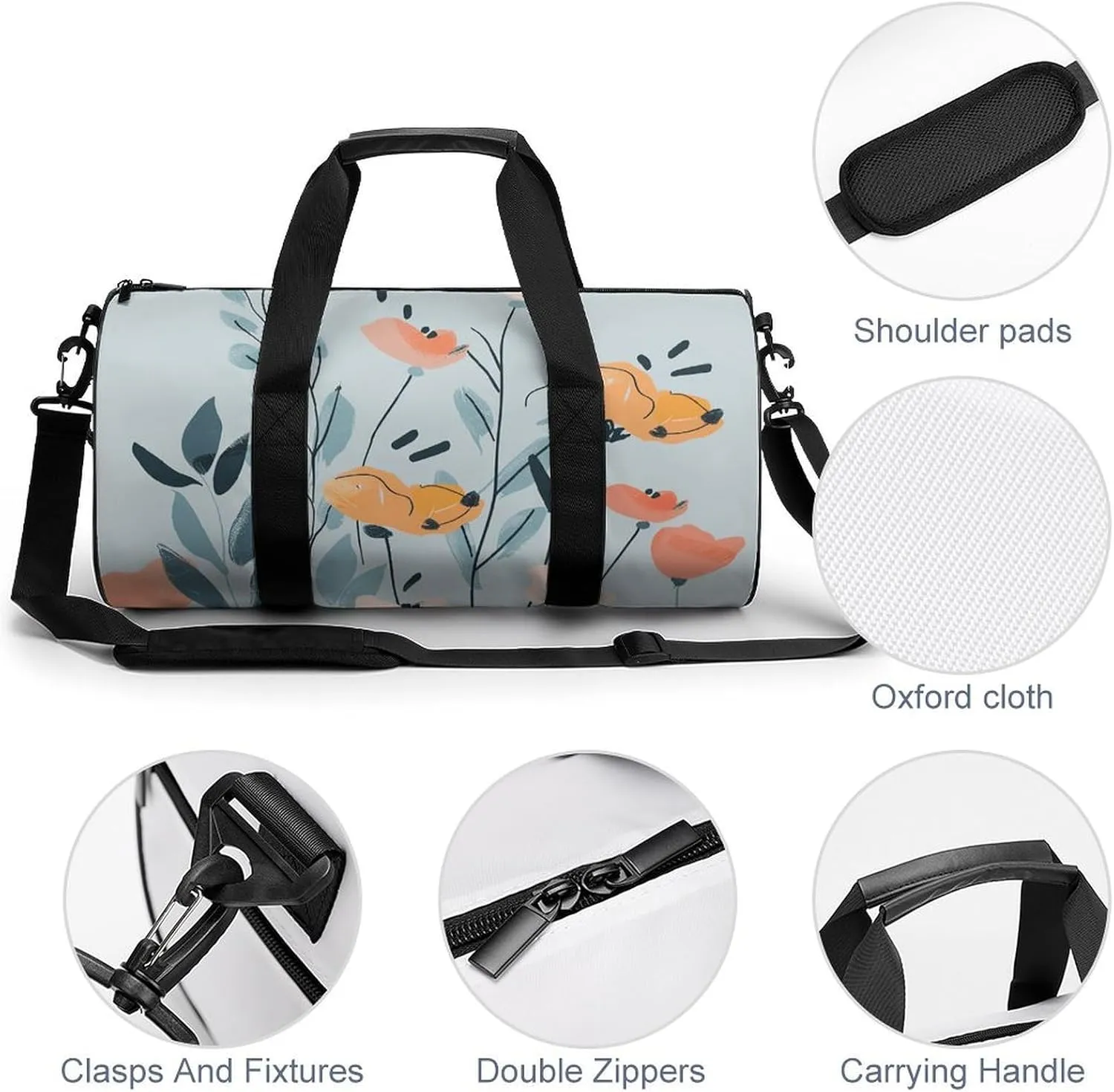 Travel Duffel Bag for Men And Women,Doodle Flowers And Leaves Waterproof Sports Fitness Bag Portable Travel Duffel Bag