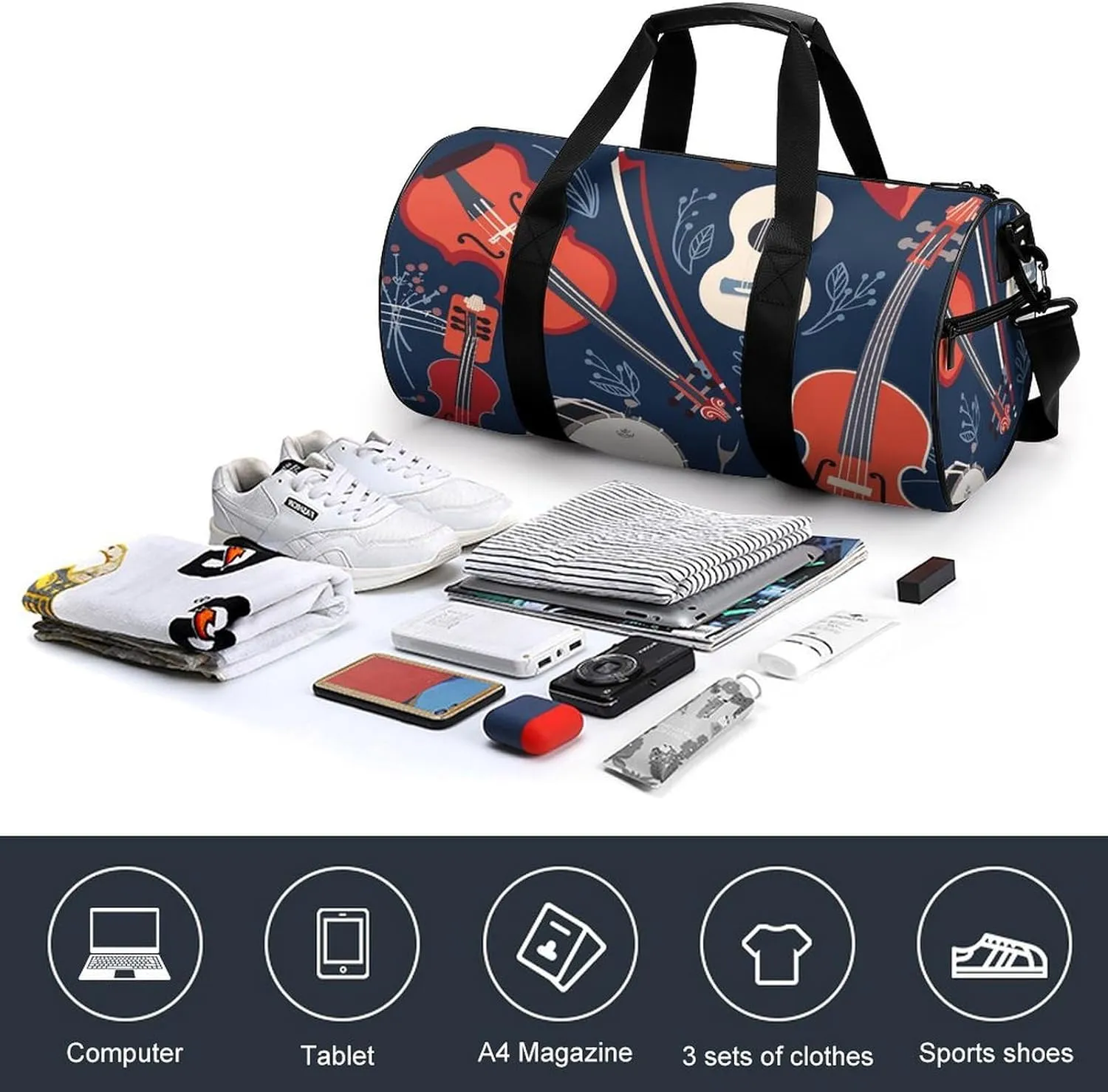 Travel Duffel Bag for Men And Women,Musical Instrument Pattern Waterproof Sports Fitness Bag Portable Travel Duffel Bag