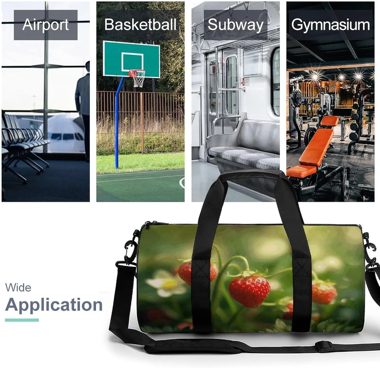 Travel Duffel Bag for Men And Women,Strawberries on The Grass Waterproof Sports Fitness Bag Portable Travel Duffel Bag, 17.7in/9in/9in