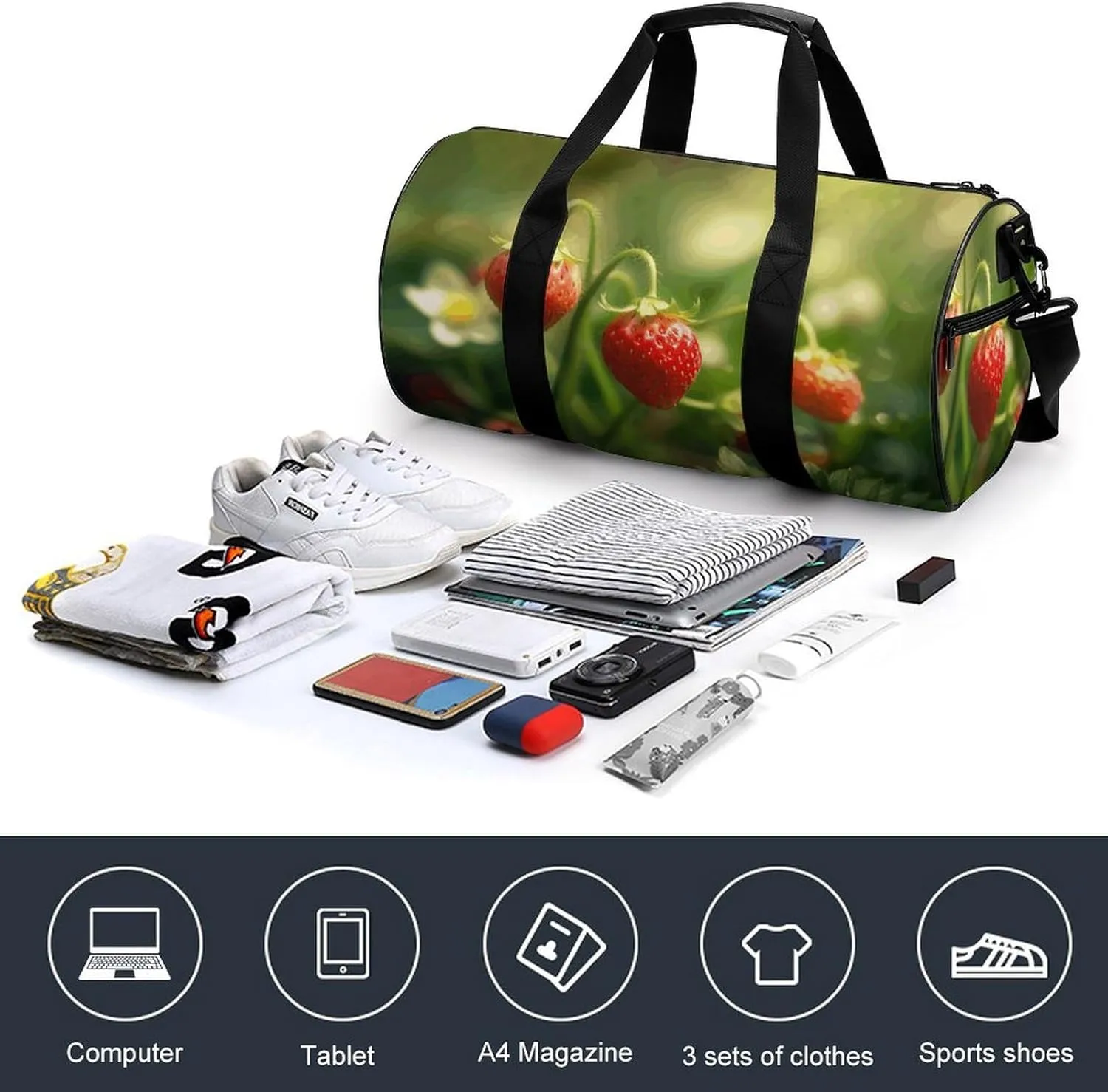 Travel Duffel Bag for Men And Women,Strawberries on The Grass Waterproof Sports Fitness Bag Portable Travel Duffel Bag, 17.7in/9in/9in