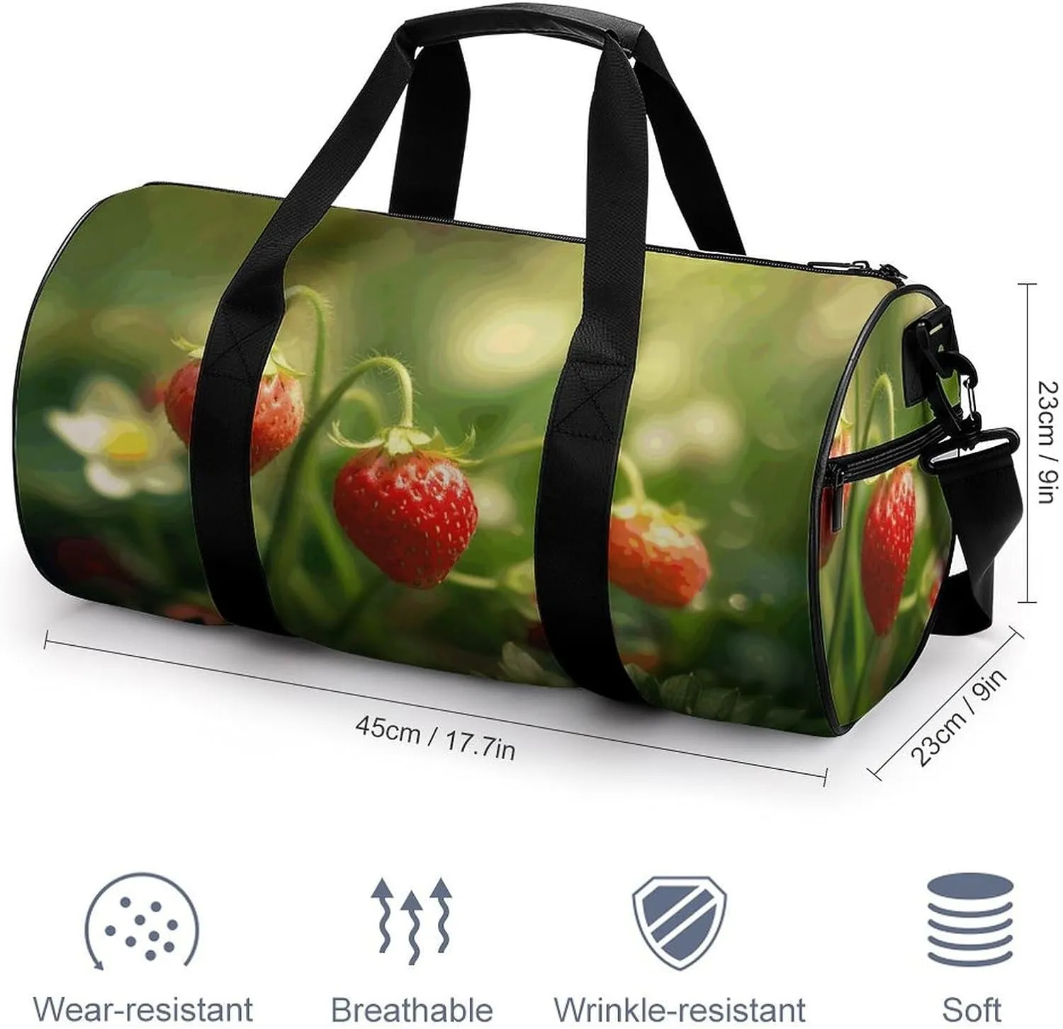 Travel Duffel Bag for Men And Women,Strawberries on The Grass Waterproof Sports Fitness Bag Portable Travel Duffel Bag, 17.7in/9in/9in