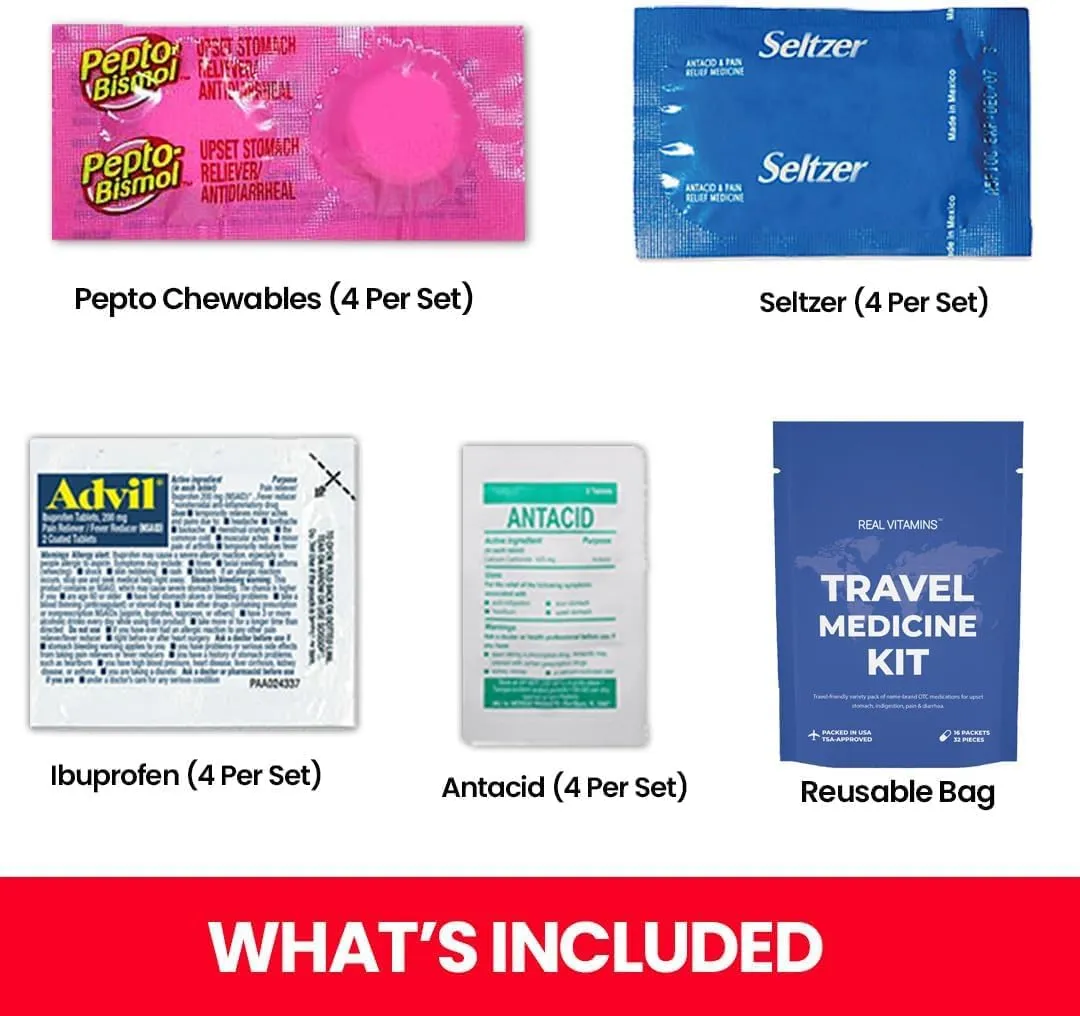 Travel Medicine Kit - 16 Pcs Individually Wrapped Packets of Ibuprofen, Bismol, Sodium Bicarbonate & Antacids - TSA-Approved Medicine Variety Pack by Real Vitamins (1 Kit)