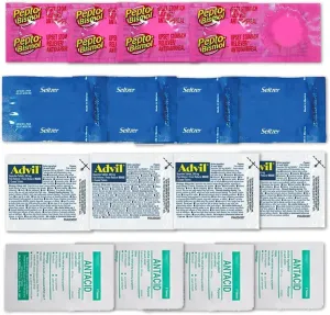 Travel Medicine Kit - 16 Pcs Individually Wrapped Packets of Ibuprofen, Bismol, Sodium Bicarbonate & Antacids - TSA-Approved Medicine Variety Pack by Real Vitamins (1 Kit)