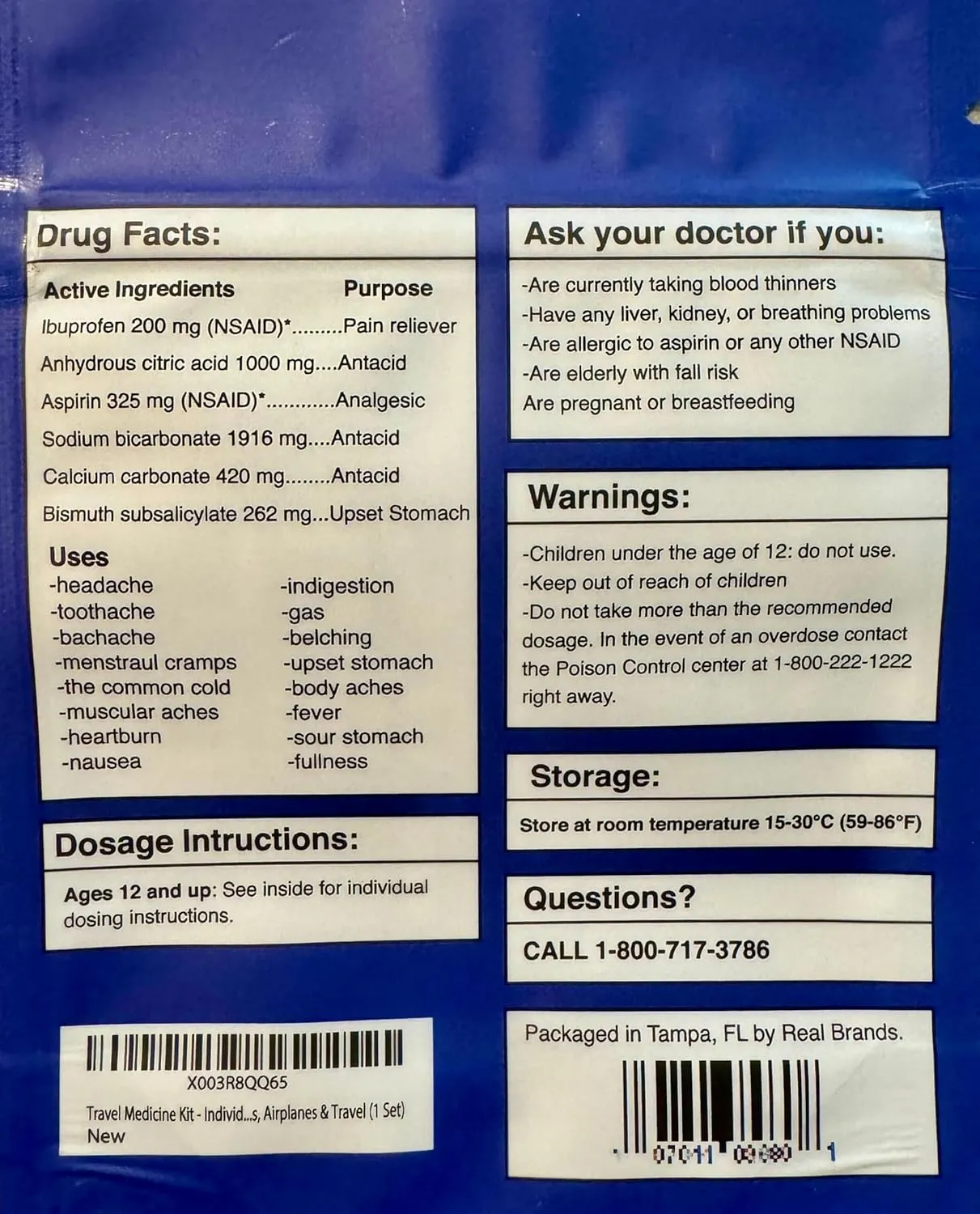 Travel Medicine Kit - 16 Pcs Individually Wrapped Packets of Ibuprofen, Bismol, Sodium Bicarbonate & Antacids - TSA-Approved Medicine Variety Pack by Real Vitamins (1 Kit)