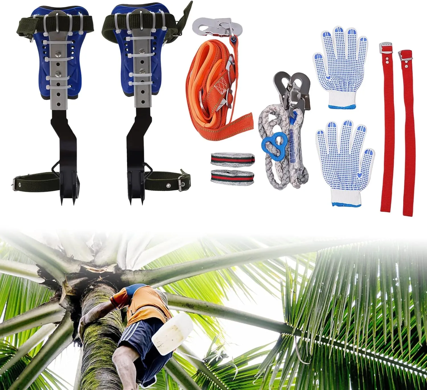 Tree Climbing Spikes with Multi-Functional Belt, Stainless Steel Climbing Trees Gear, Height Adjustable Tree Climbing Tool Set with Cattle Hide Leggings Straps and Extra Straps