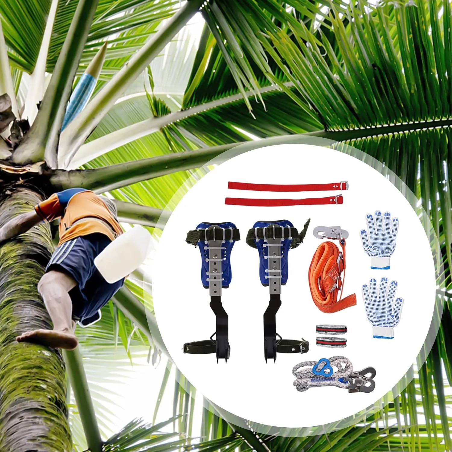 Tree Climbing Spikes with Multi-Functional Belt, Stainless Steel Climbing Trees Gear, Height Adjustable Tree Climbing Tool Set with Cattle Hide Leggings Straps and Extra Straps