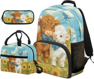 Trendy Girls Cartoon Highland Cow Backpack and Lunch Kit Ergonomic Student Bookbag Set Adjustable Straps 4 in 1 School Bag 3rd Grade 17 Inch