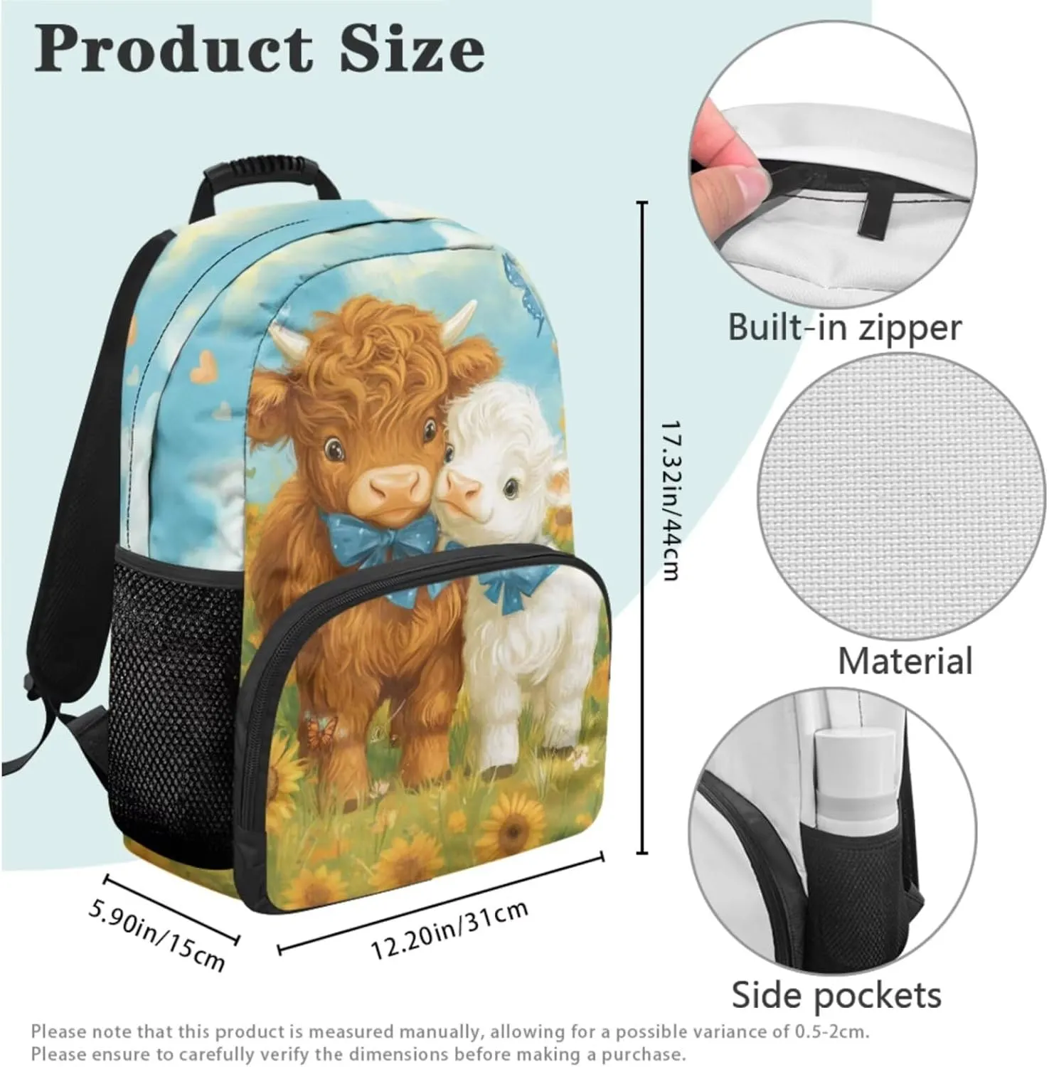 Trendy Girls Cartoon Highland Cow Backpack and Lunch Kit Ergonomic Student Bookbag Set Adjustable Straps 4 in 1 School Bag 3rd Grade 17 Inch