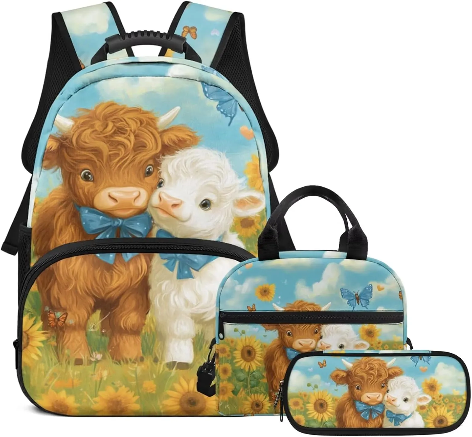 Trendy Girls Cartoon Highland Cow Backpack and Lunch Kit Ergonomic Student Bookbag Set Adjustable Straps 4 in 1 School Bag 3rd Grade 17 Inch