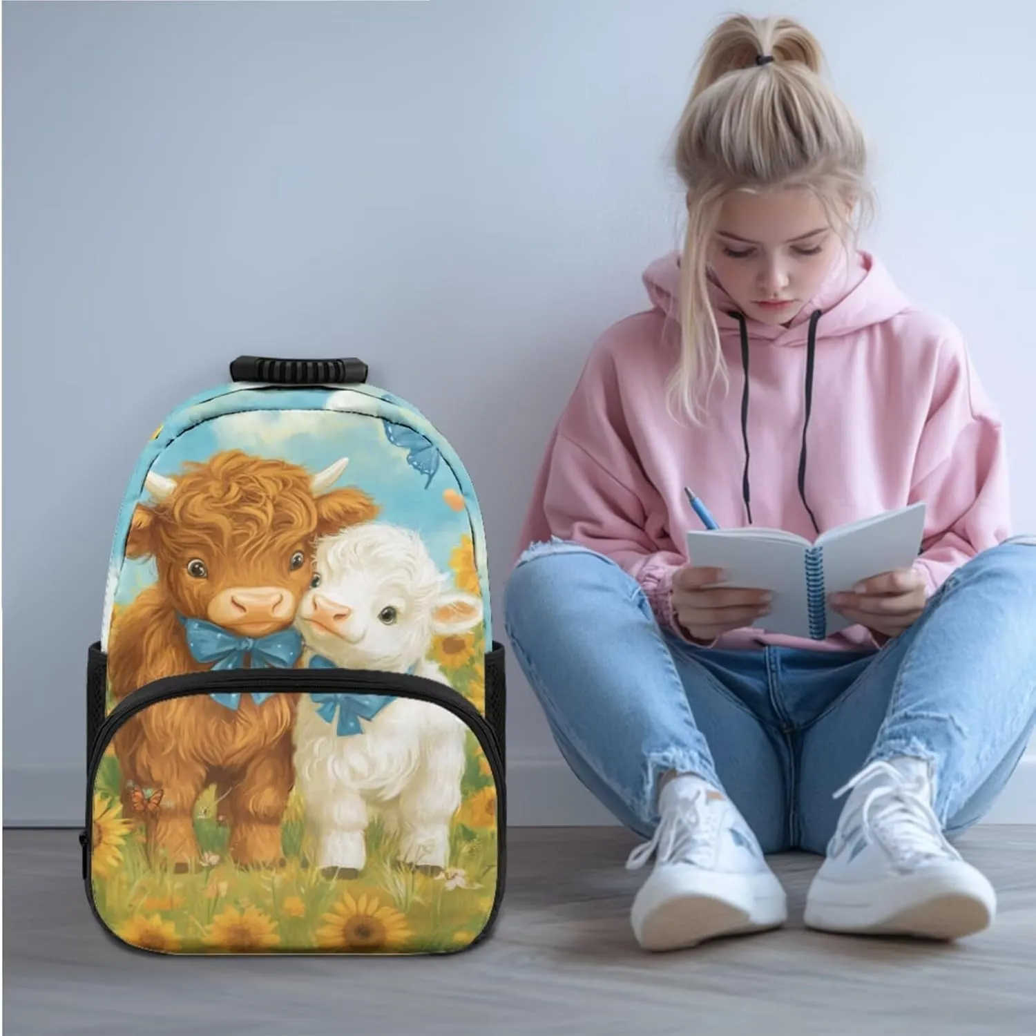Trendy Girls Cartoon Highland Cow Backpack and Lunch Kit Ergonomic Student Bookbag Set Adjustable Straps 4 in 1 School Bag 3rd Grade 17 Inch