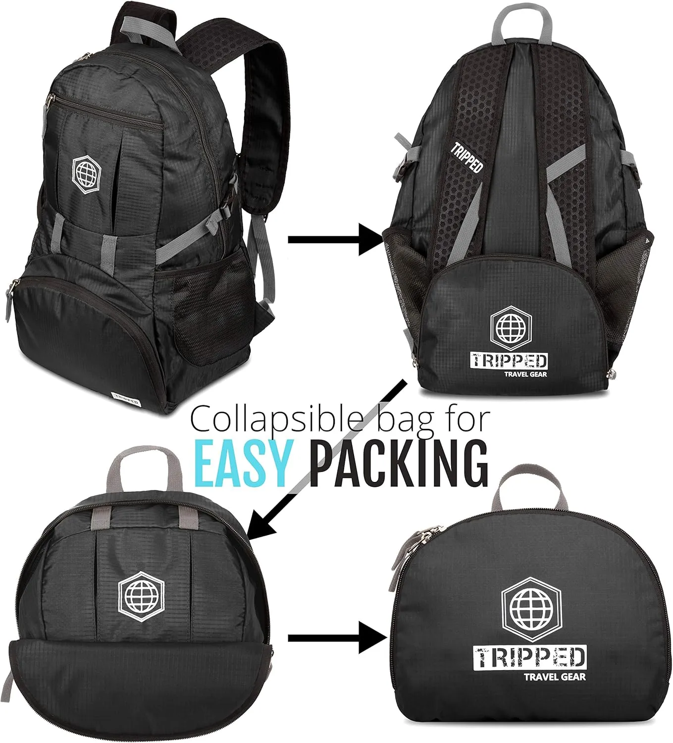 TRIPPED Travel Gear Traveling Backpack- Foldable collapsible lightweight backpack for travel (Black) 35 liters