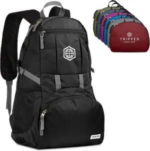 TRIPPED Travel Gear Traveling Backpack- Foldable collapsible lightweight backpack for travel (Black) 35 liters