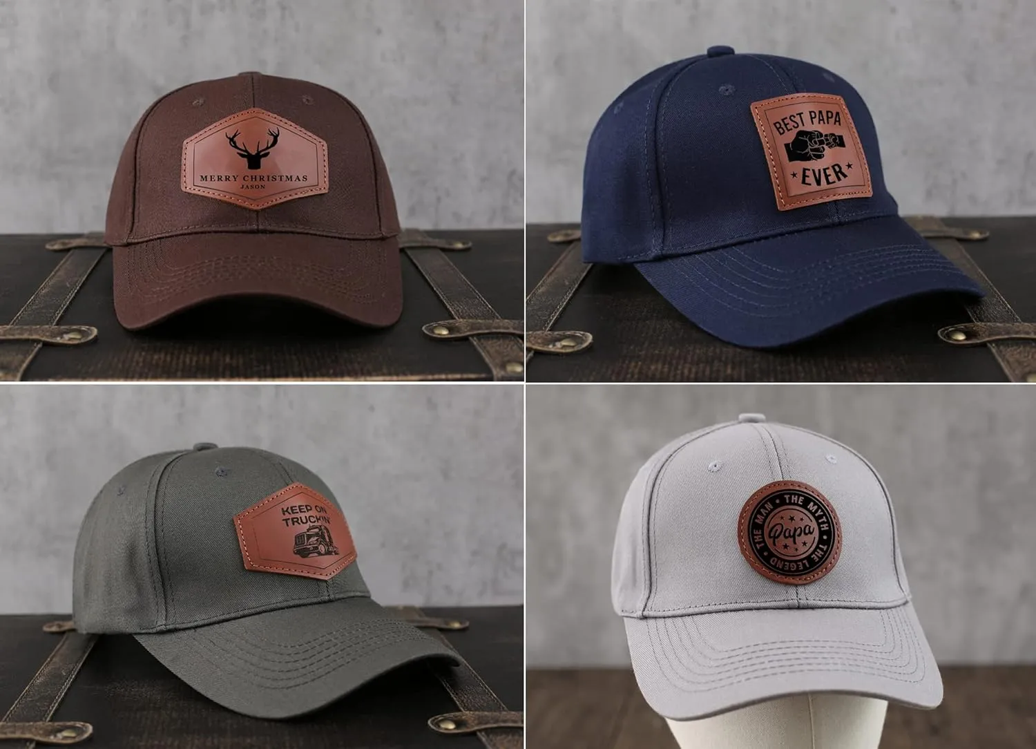 Trucker Hat for Dad, Baseball Hat Papa Cap Laser Engraved Leather Patch Trucker Hat