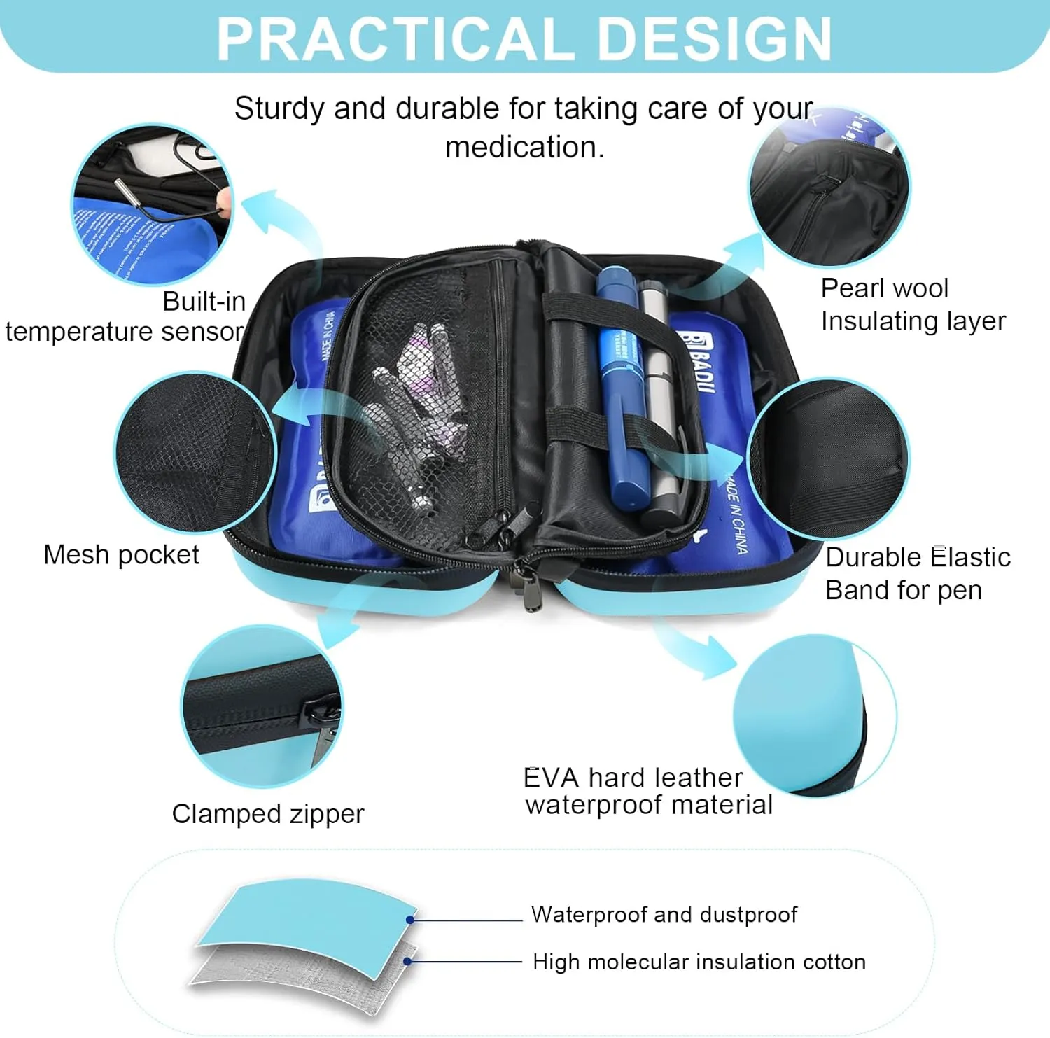 TSA Approved Insulin Cooler Travel Case Medication Cooler for Travel with Thermometer Temperature Display Diabetic Medication Organizer Medical Travel Cooler Bag with 2 Ice Pack (Light Blue)