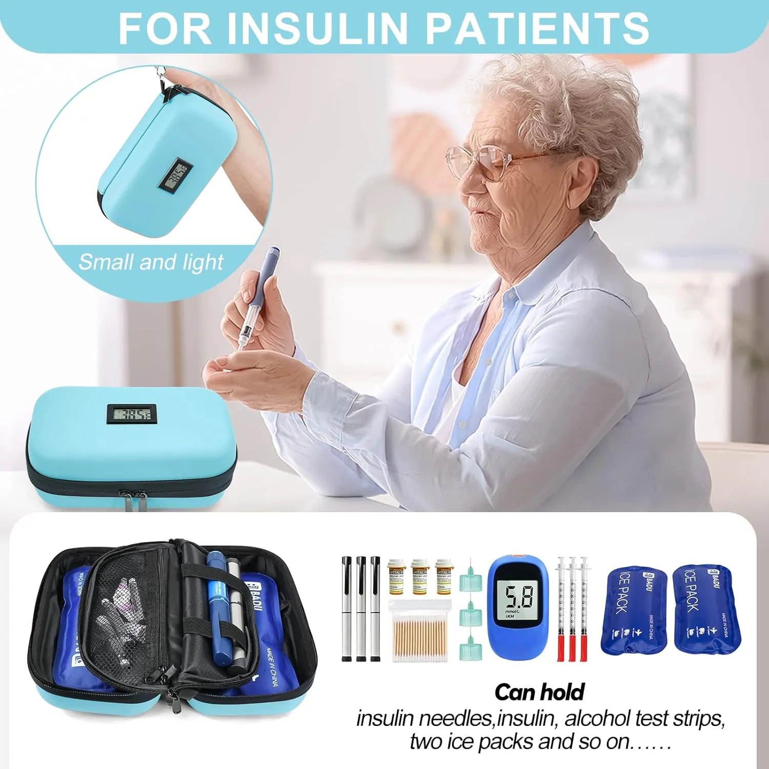 TSA Approved Insulin Cooler Travel Case Medication Cooler for Travel with Thermometer Temperature Display Diabetic Medication Organizer Medical Travel Cooler Bag with 2 Ice Pack (Light Blue)