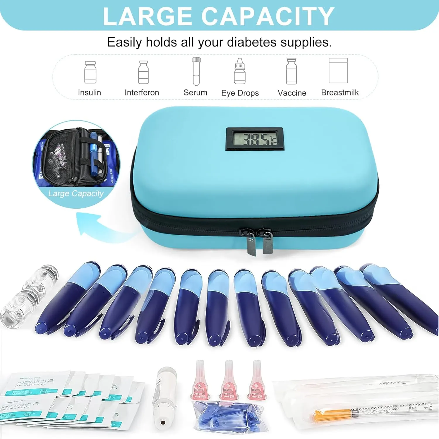 TSA Approved Insulin Cooler Travel Case Medication Cooler for Travel with Thermometer Temperature Display Diabetic Medication Organizer Medical Travel Cooler Bag with 2 Ice Pack (Light Blue)