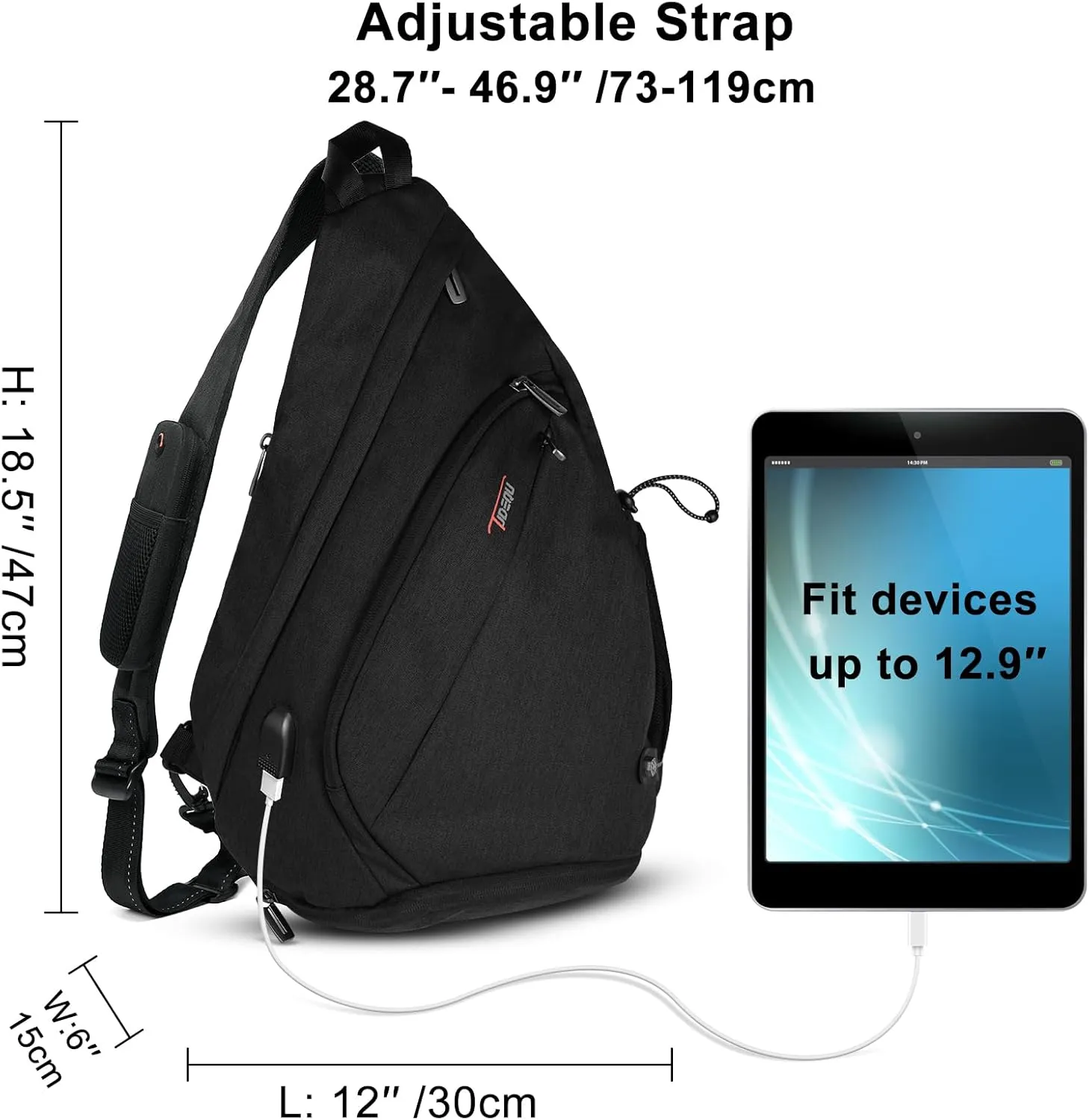 TUDEQU Sling backpack, 8 Pockets Sling Bag Crossbody, 19L Large Sling Bag for Men Travel Crossbody Backpack Hiking Outdoor